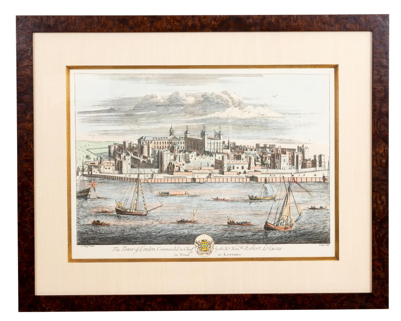 Circa 2000s set of four framed British architectural colored plates framed by J. Pocker with linen mats and gold gilt filets. The set includes illustrations of notable British architectural landmarks such as: the Tower of London, Windsor Castle,