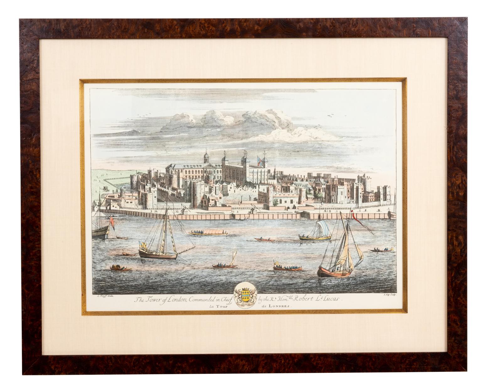 Circa 2000s Satz von vier gerahmten britischen architektonischen farbigen Platten von J. Pocker mit Leinenmatten und Gold vergoldet Filets gerahmt. Das Set enthält Abbildungen bedeutender britischer architektonischer Wahrzeichen wie dem Tower of