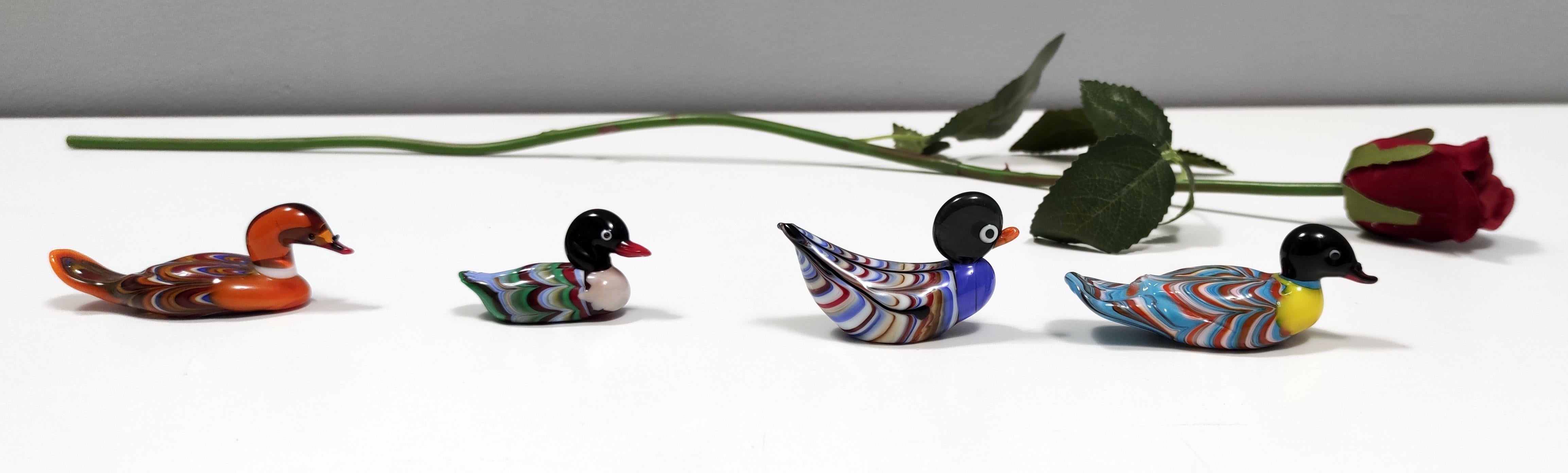 Mid-Century Modern Set of Four Vintage Colorful Murano Glass Ducks, Italy