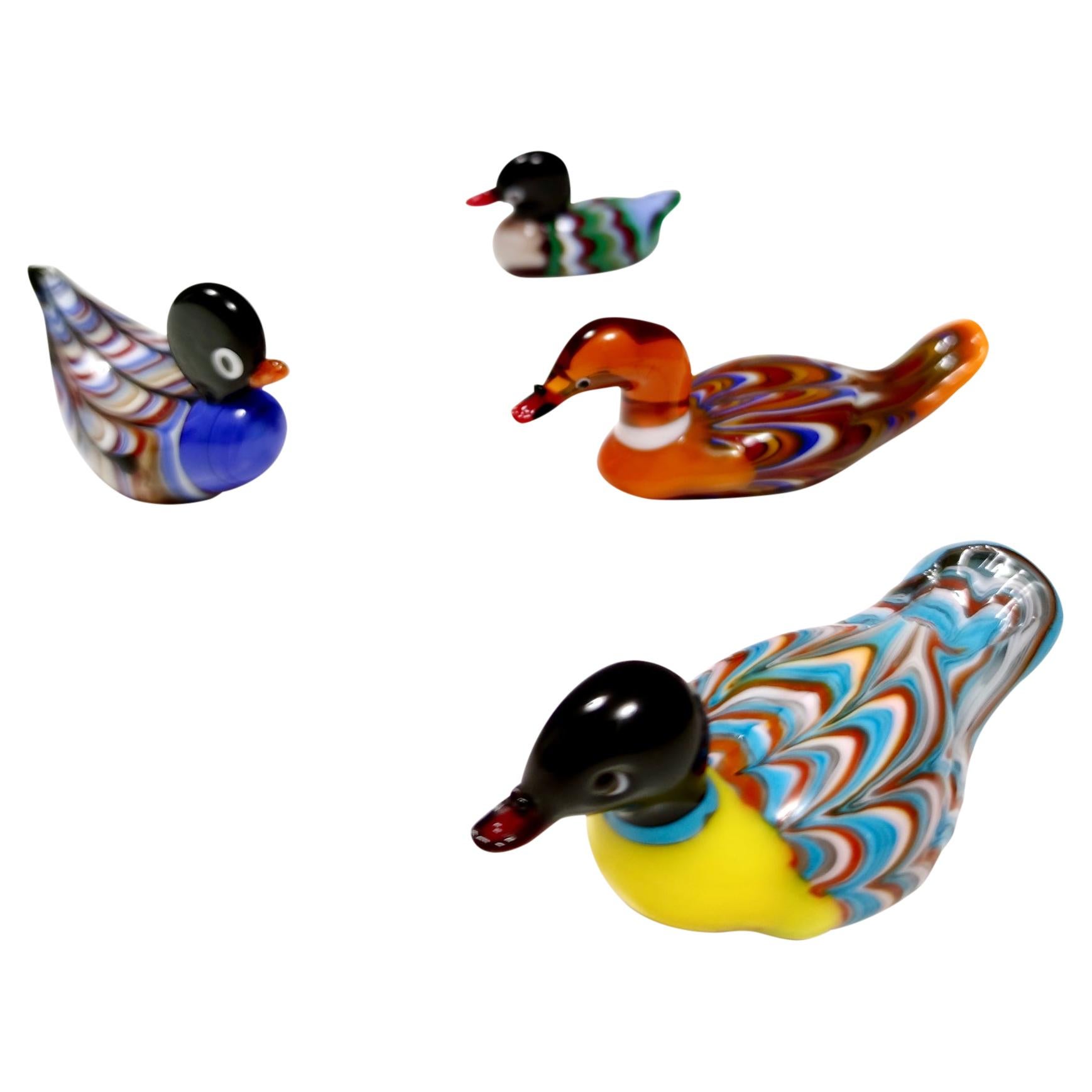 Set of Four Vintage Colorful Murano Glass Ducks, Italy