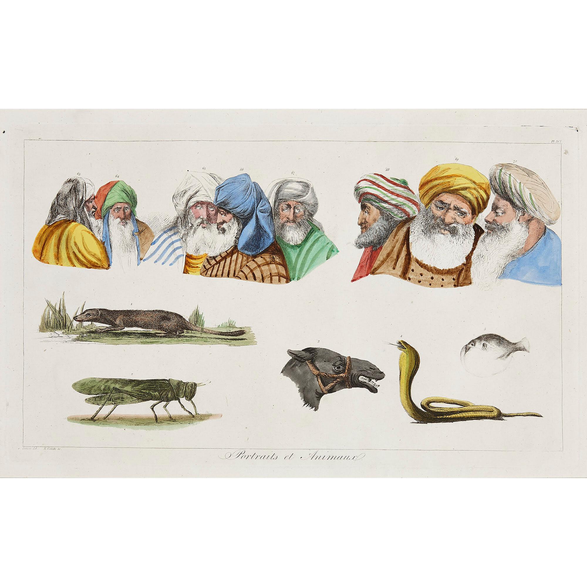 French Set of Four Coloured Etchings from Description de l'Égypte For Sale