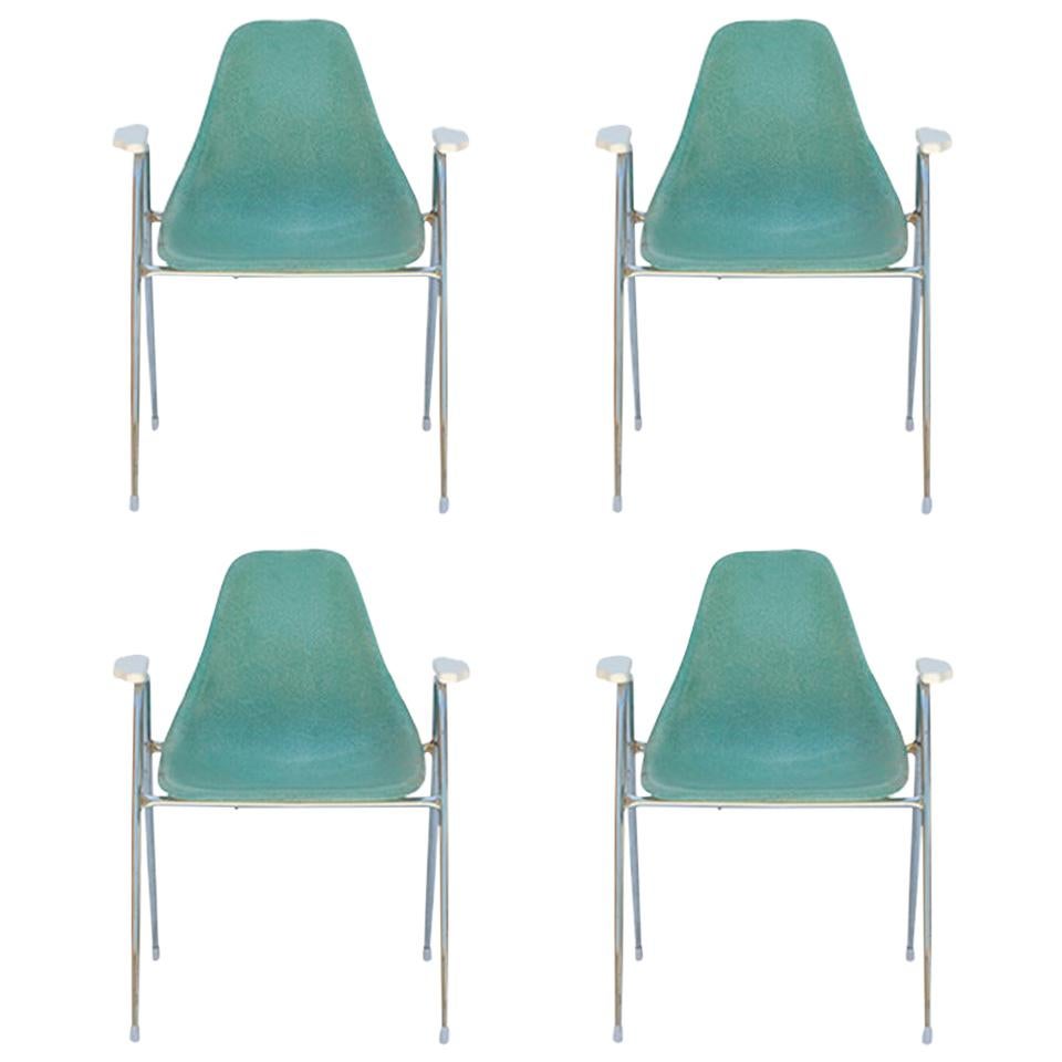 Set of Four Comfortable Turquoise Fiberglass Armchairs on Chrome Bases