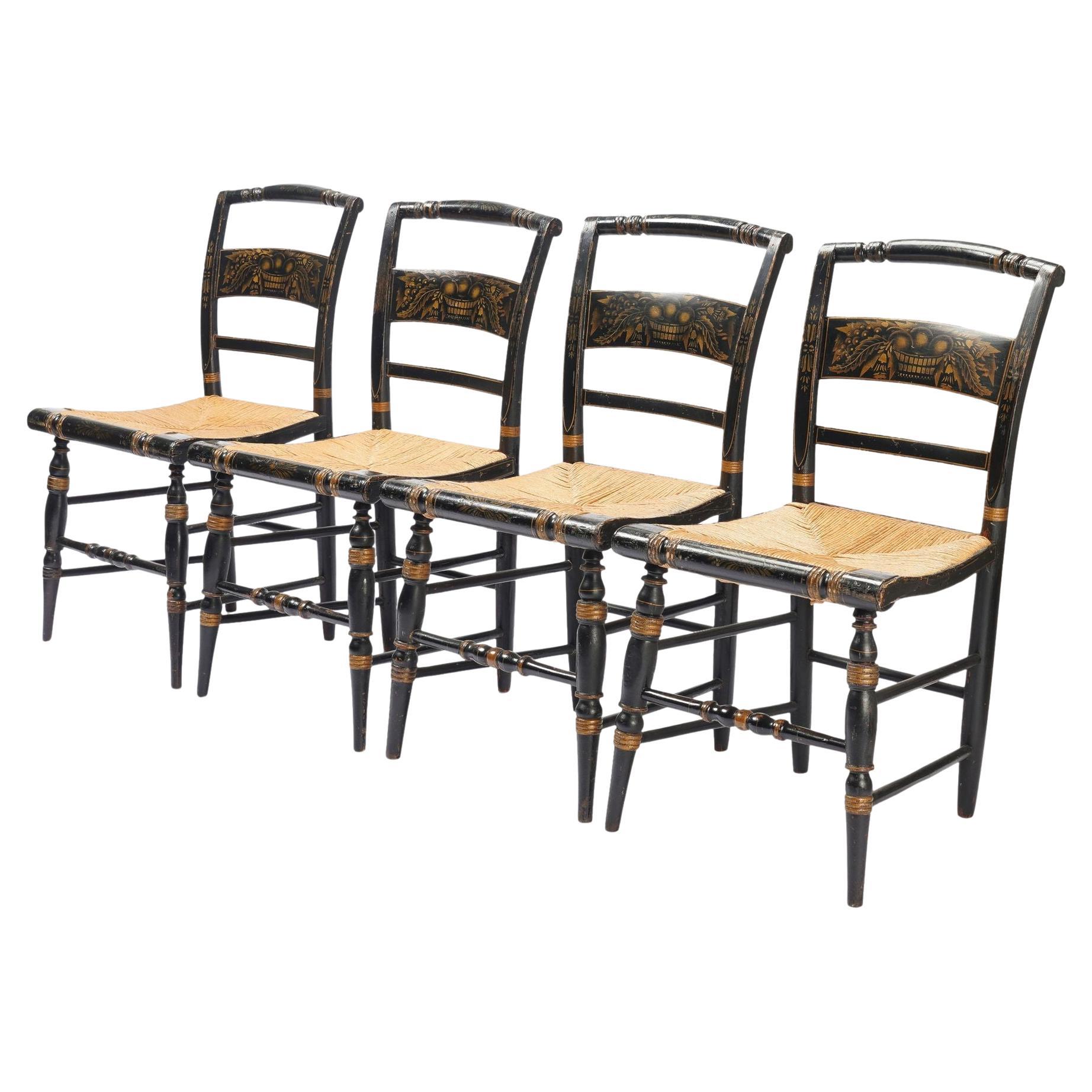 Set of four Connecticut Valley Hitchcock rush seat side chairs, c. 1830 For Sale