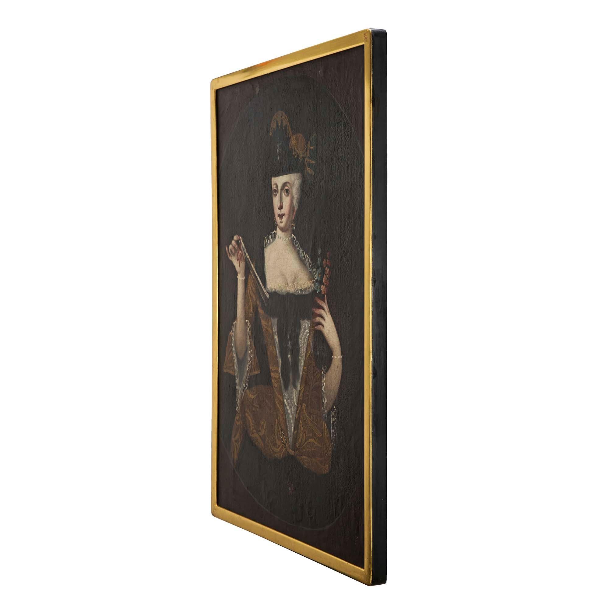 A Continental 18th century whimsical collection of charming paintings depicting Ladies of the 18th century. The set of four paintings is meant to be not only beautiful but also amusing. Noblewomen in period attire with their hair wonderfully styled