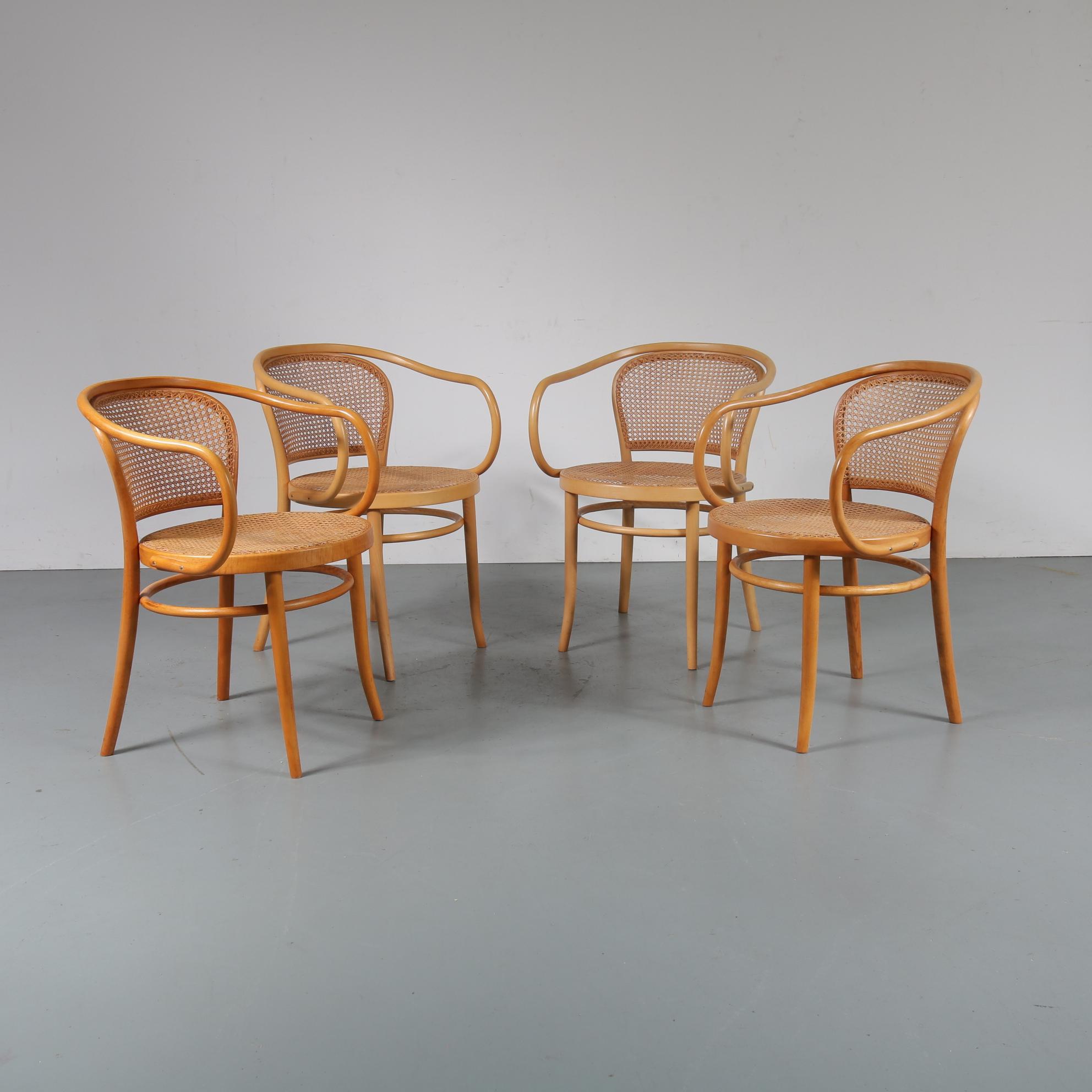 Beautiful set of five bentwood armchairs designed by Michael Thonet in Germany around 1920, commissioned by Le Corbusier. These are more recent editions, manufactured around 1980.

These eye-catching chairs are made of high quality beech wood with