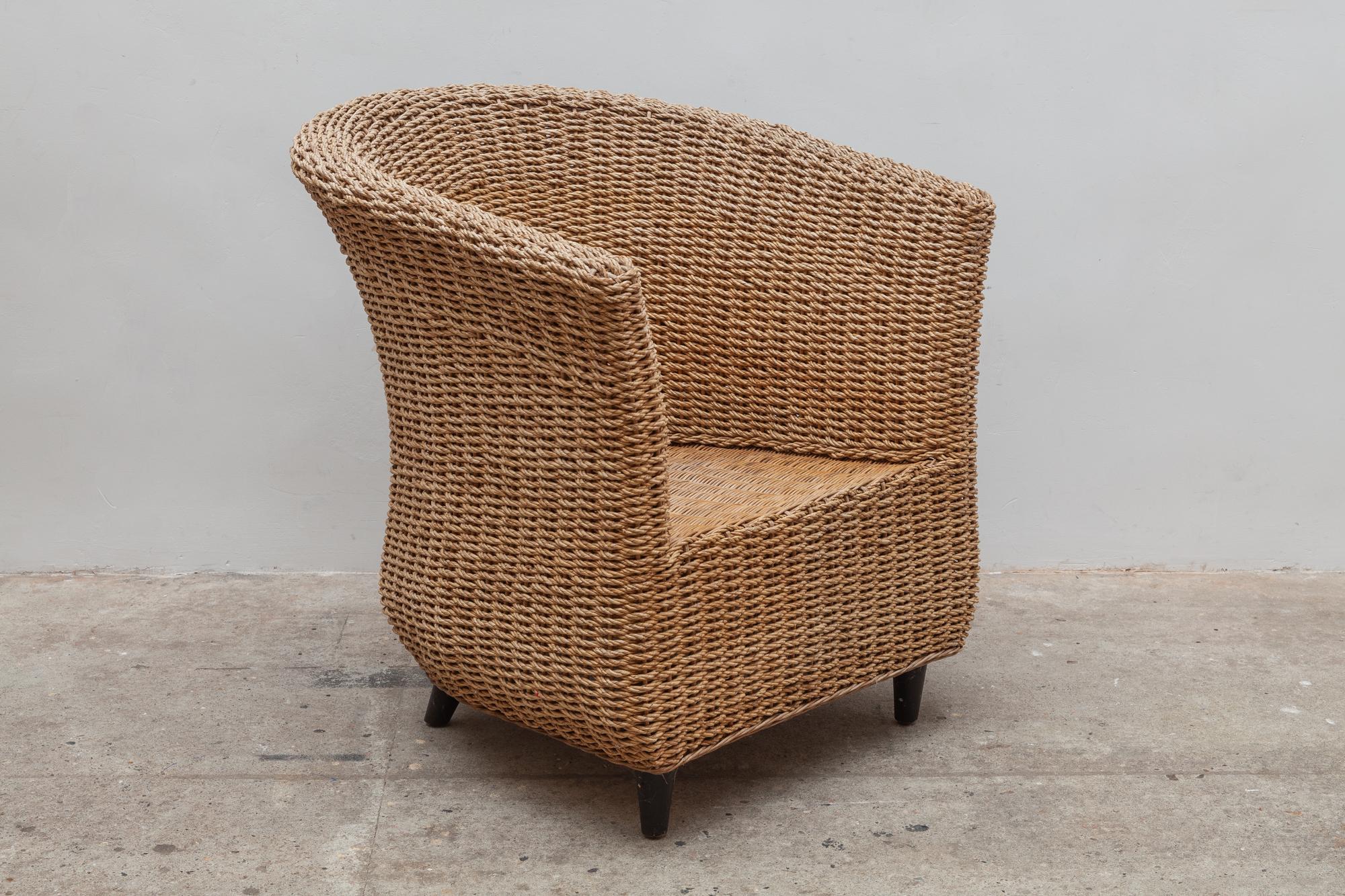 Mid-Century Modern Set of Four Cord Woven Bucket Lounge Chairs, 1980s, Italy