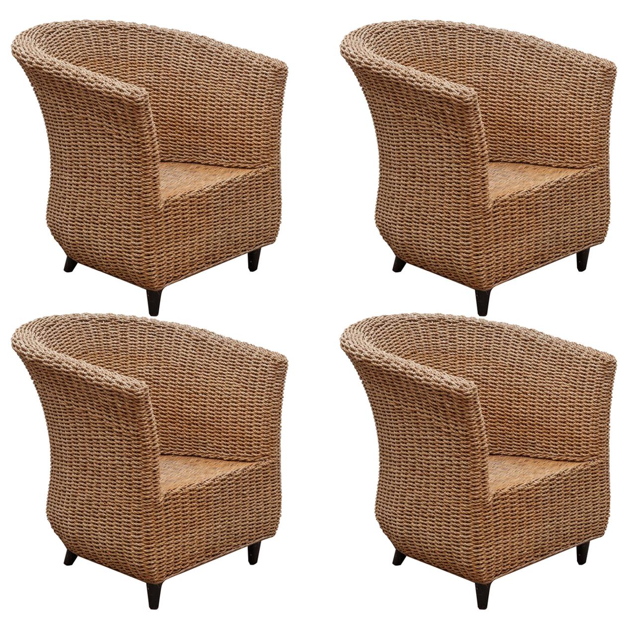 Set of Four Cord Woven Bucket Lounge Chairs, 1980s, Italy