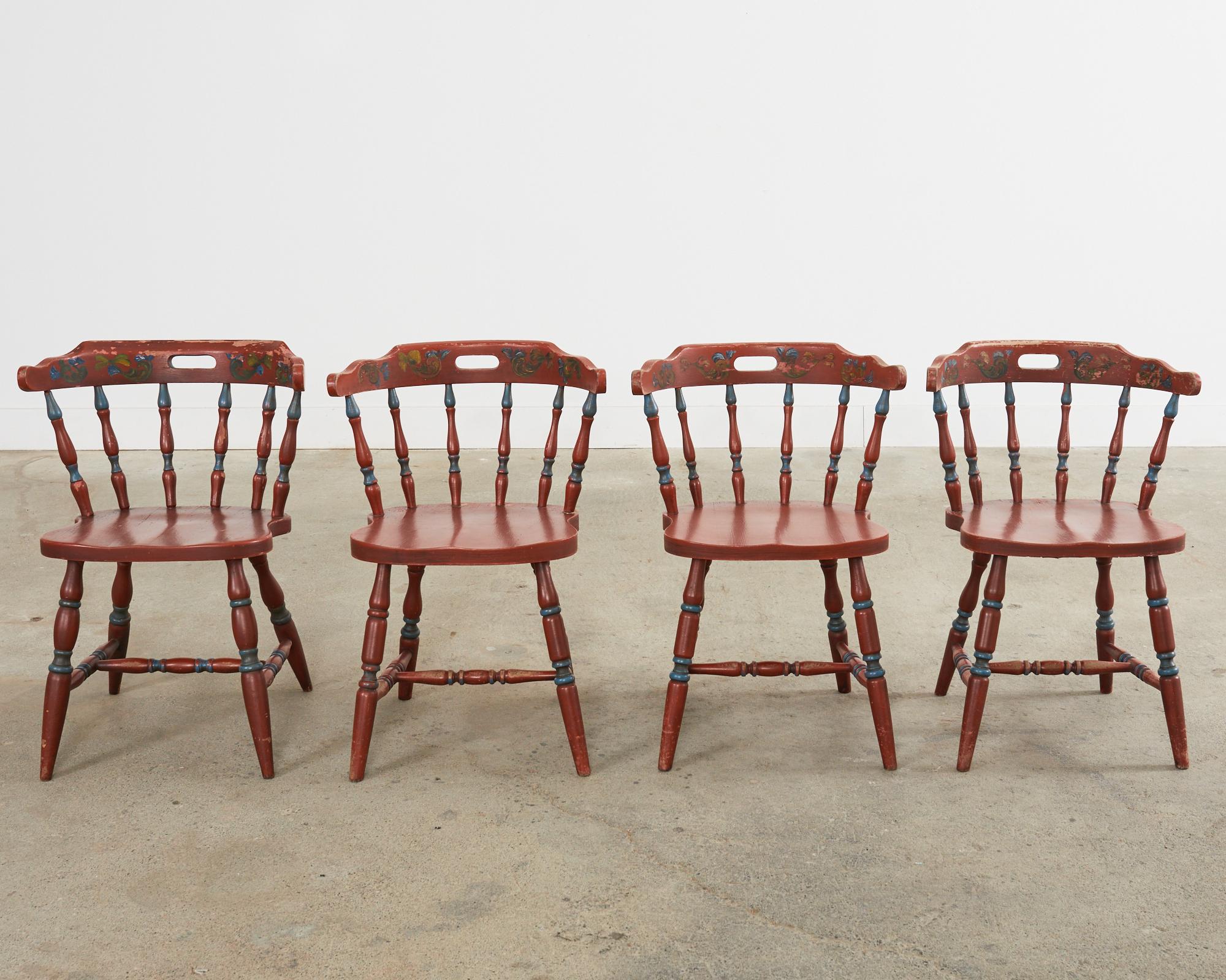 Set of Four Country Danish Painted Windsor Captain's Chair In Distressed Condition For Sale In Rio Vista, CA