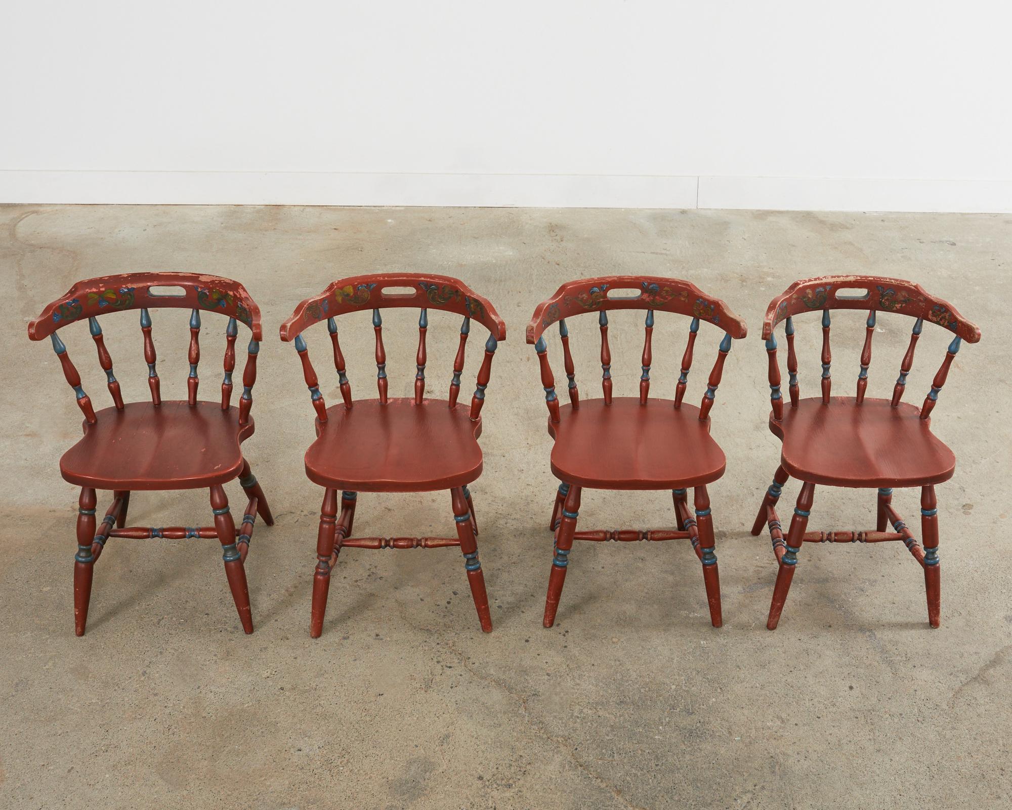 Wood Set of Four Country Danish Painted Windsor Captain's Chair For Sale