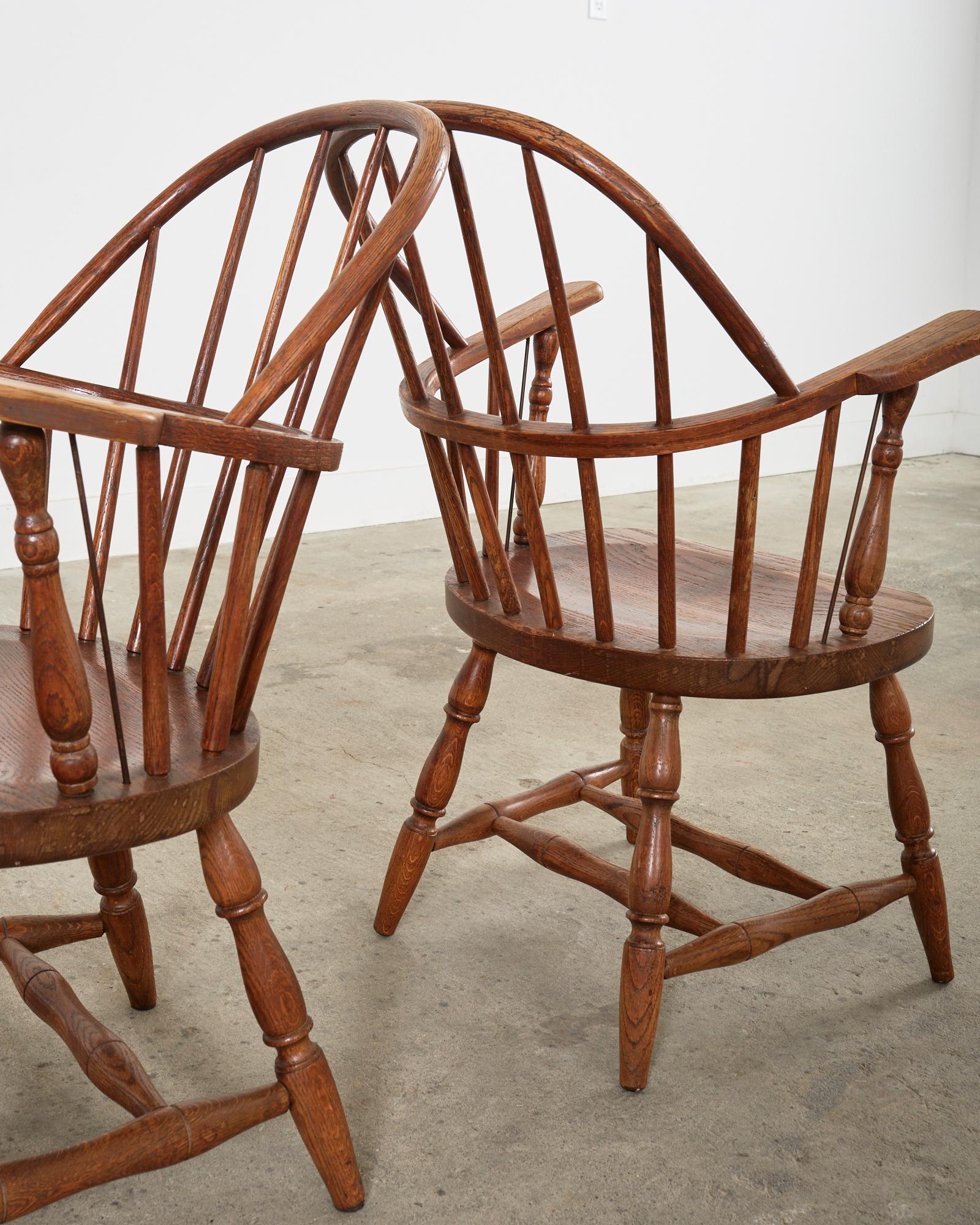 Set of Four Country English Oak Hoop Back Windsor Armchairs For Sale 3