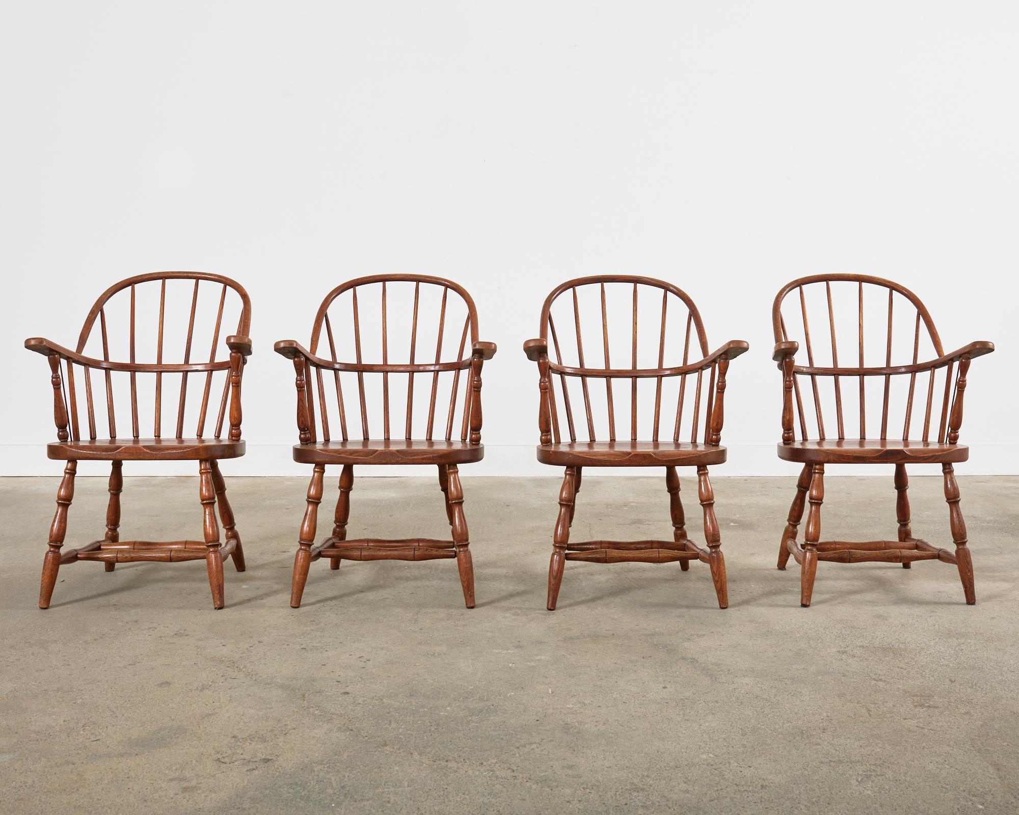 Set of Four Country English Oak Hoop Back Windsor Armchairs For Sale 5