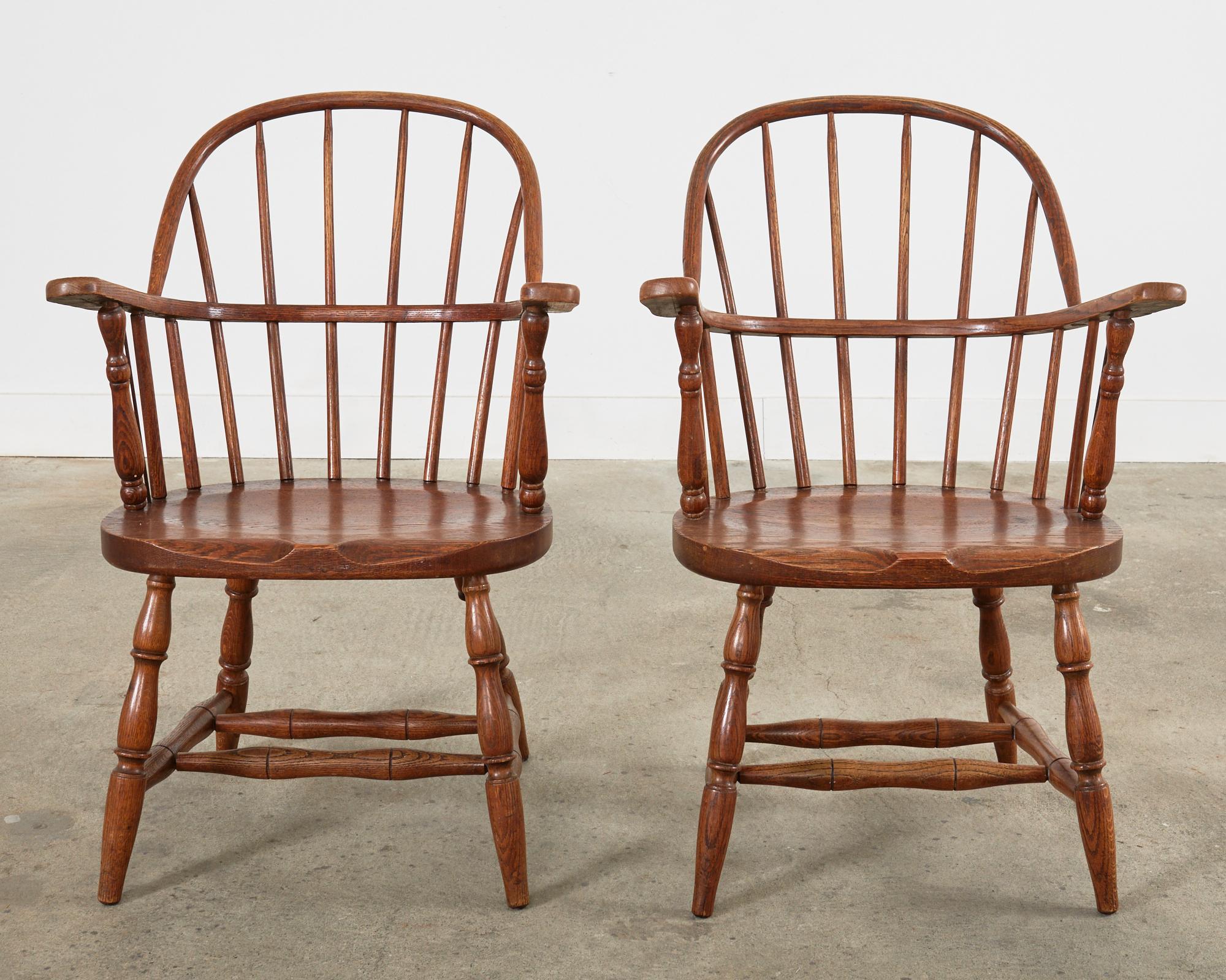 Hand-Crafted Set of Four Country English Oak Hoop Back Windsor Armchairs For Sale
