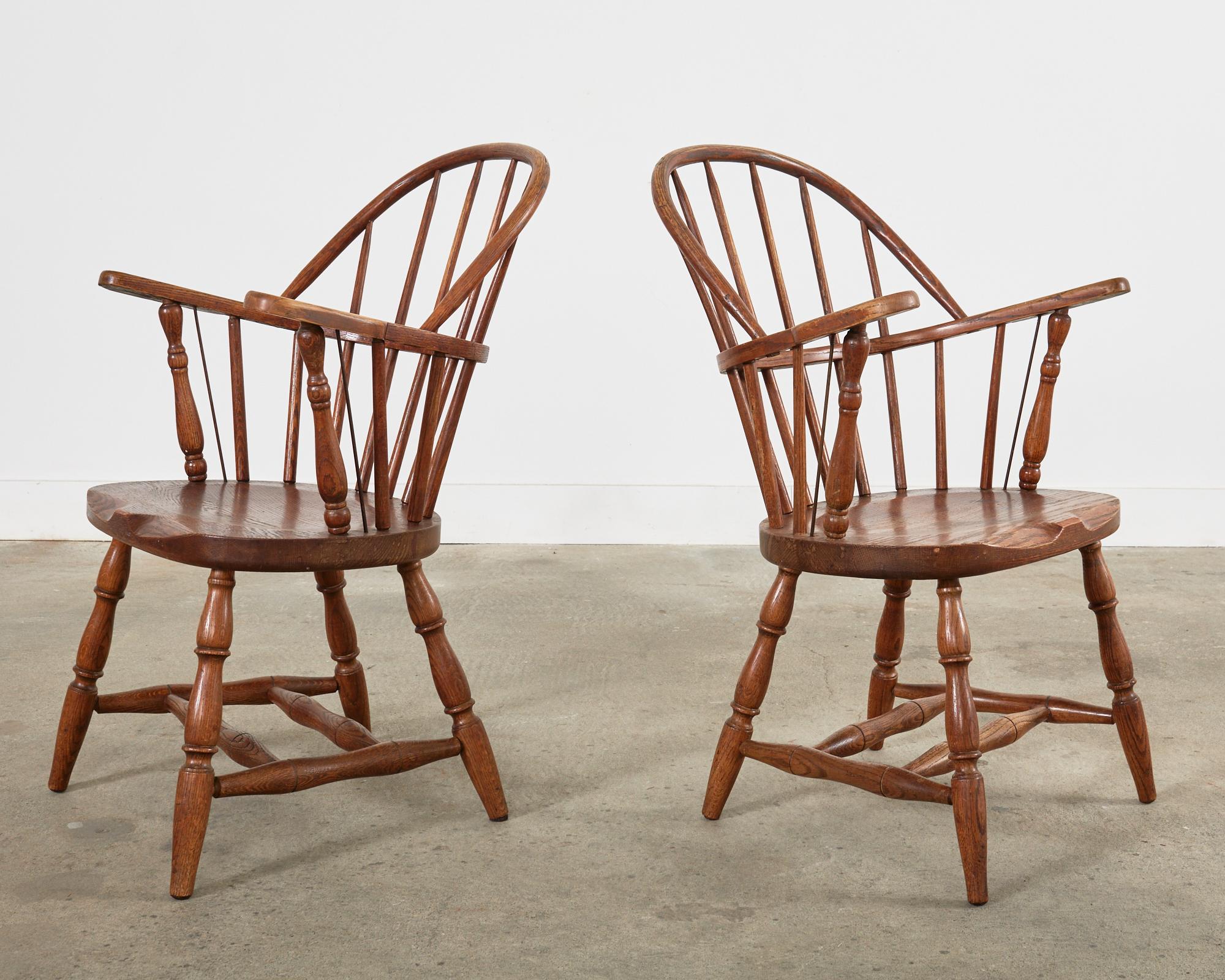 Metal Set of Four Country English Oak Hoop Back Windsor Armchairs For Sale