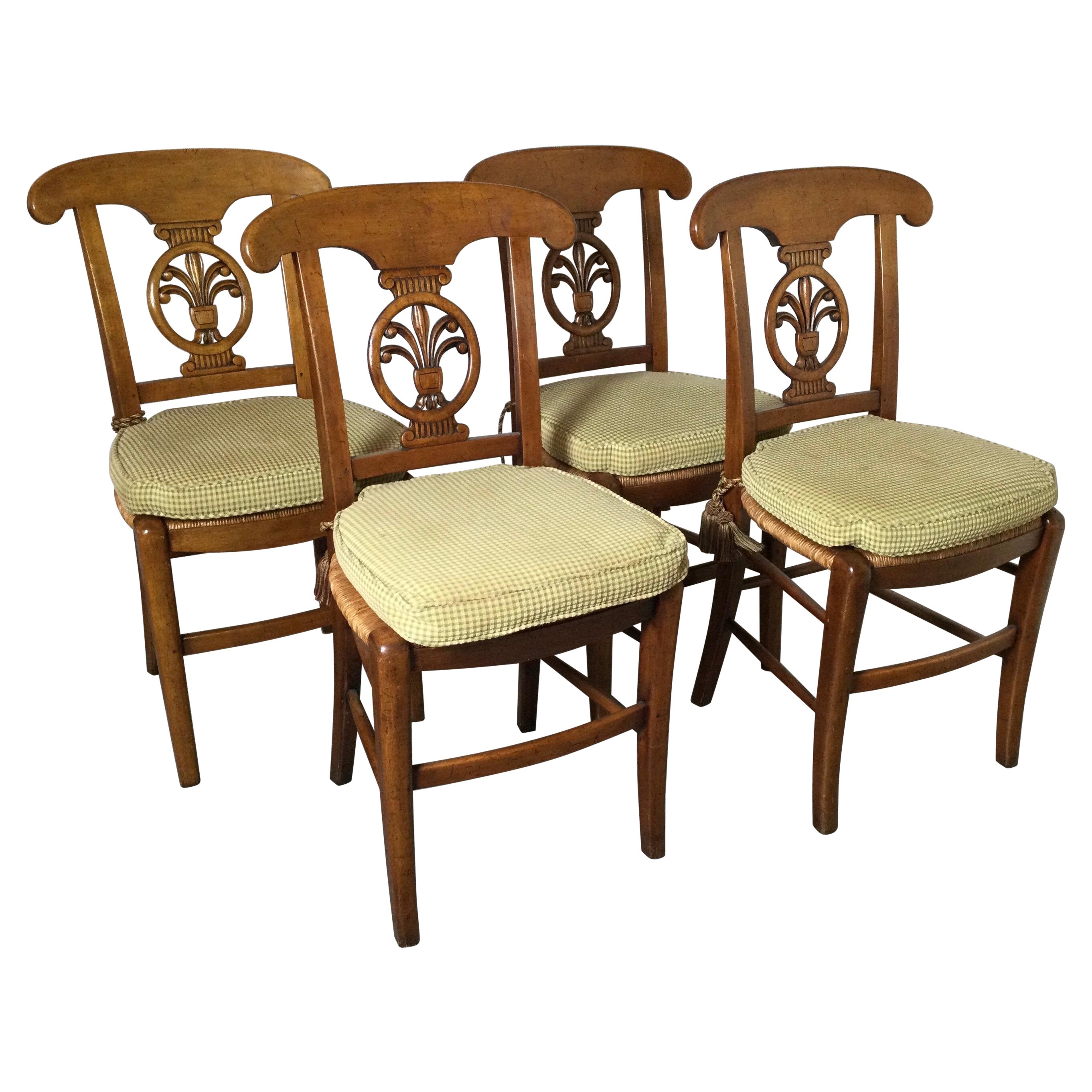 Set of Four Country French Fruitwood Rush Seat Chairs