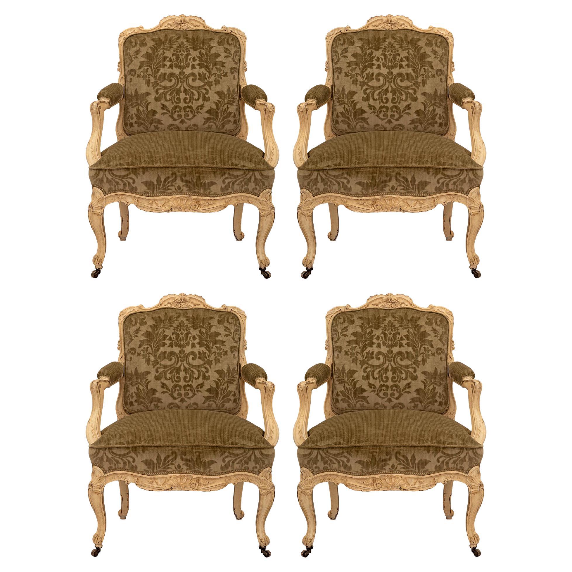 Set of Four Country French Louis XV Style 19th Century Patinated Armchairs For Sale
