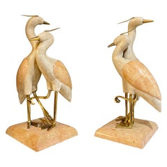 Set of Four Cranes in Tessellated Marble and Brass Sculptures
