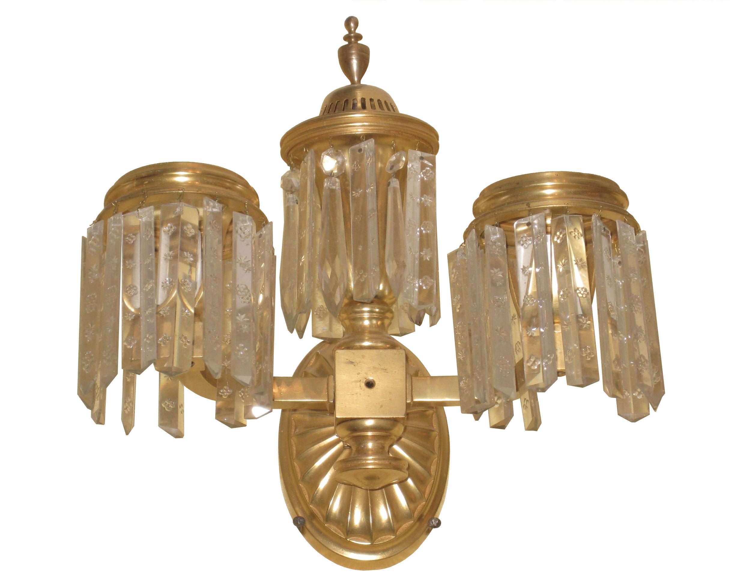 French Set of Four Crystal and Bronze Two-Arm Wall Light Sconces For Sale