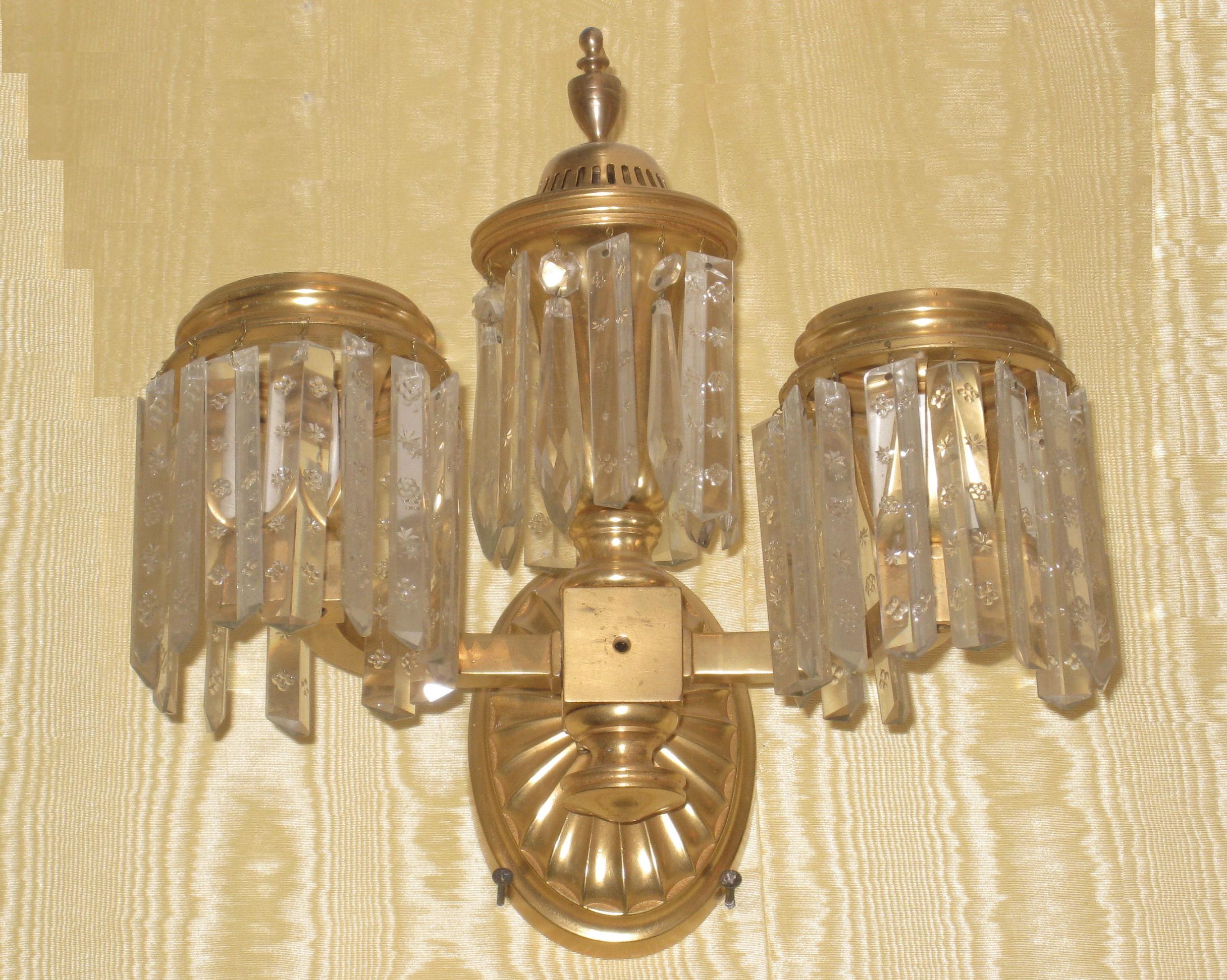 Gilt Set of Four Crystal and Bronze Two-Arm Wall Light Sconces For Sale