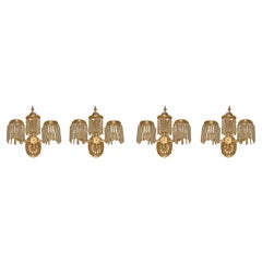 Set Four Antique English Regency Style Gilt Bronze and Crystal 2-Light Sconces