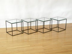 Set of Four Cube Coffee or Side Tables with Iron Frames and Glass Tops