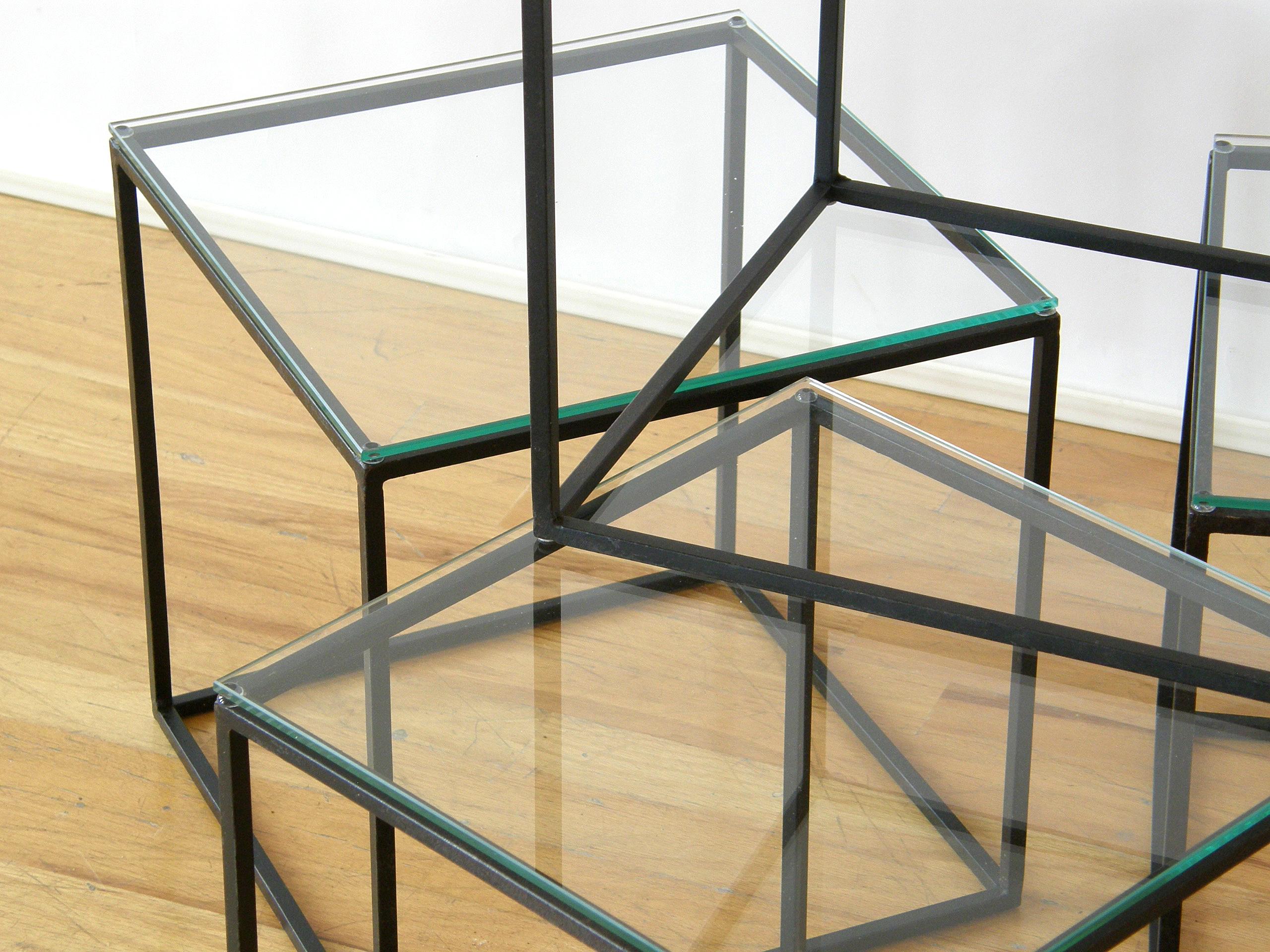Mid-Century Modern Set of Four Cube Coffee or Side Tables with Iron Frames and Glass Tops For Sale