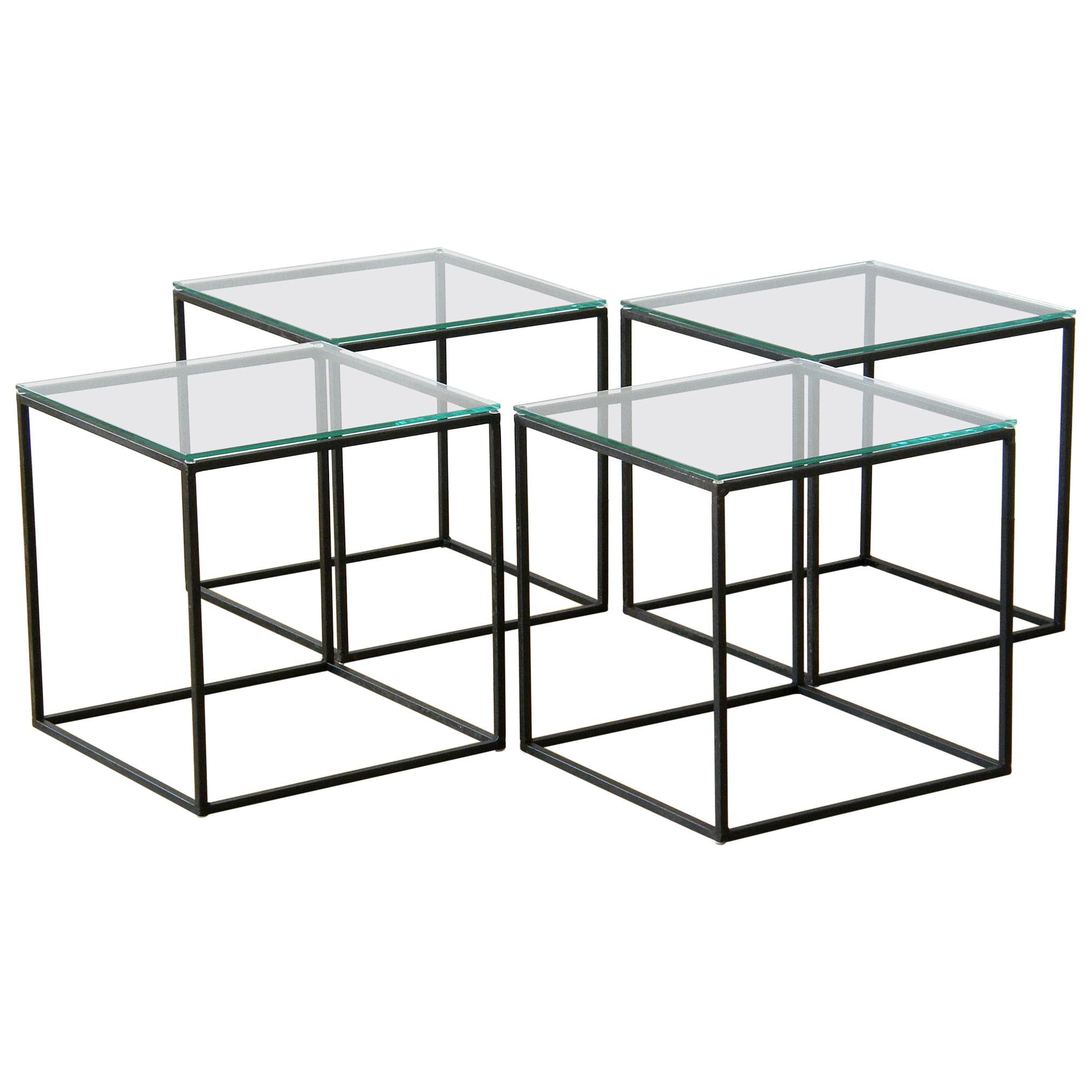 Set of Four Cube Coffee or Side Tables with Iron Frames and Glass Tops
