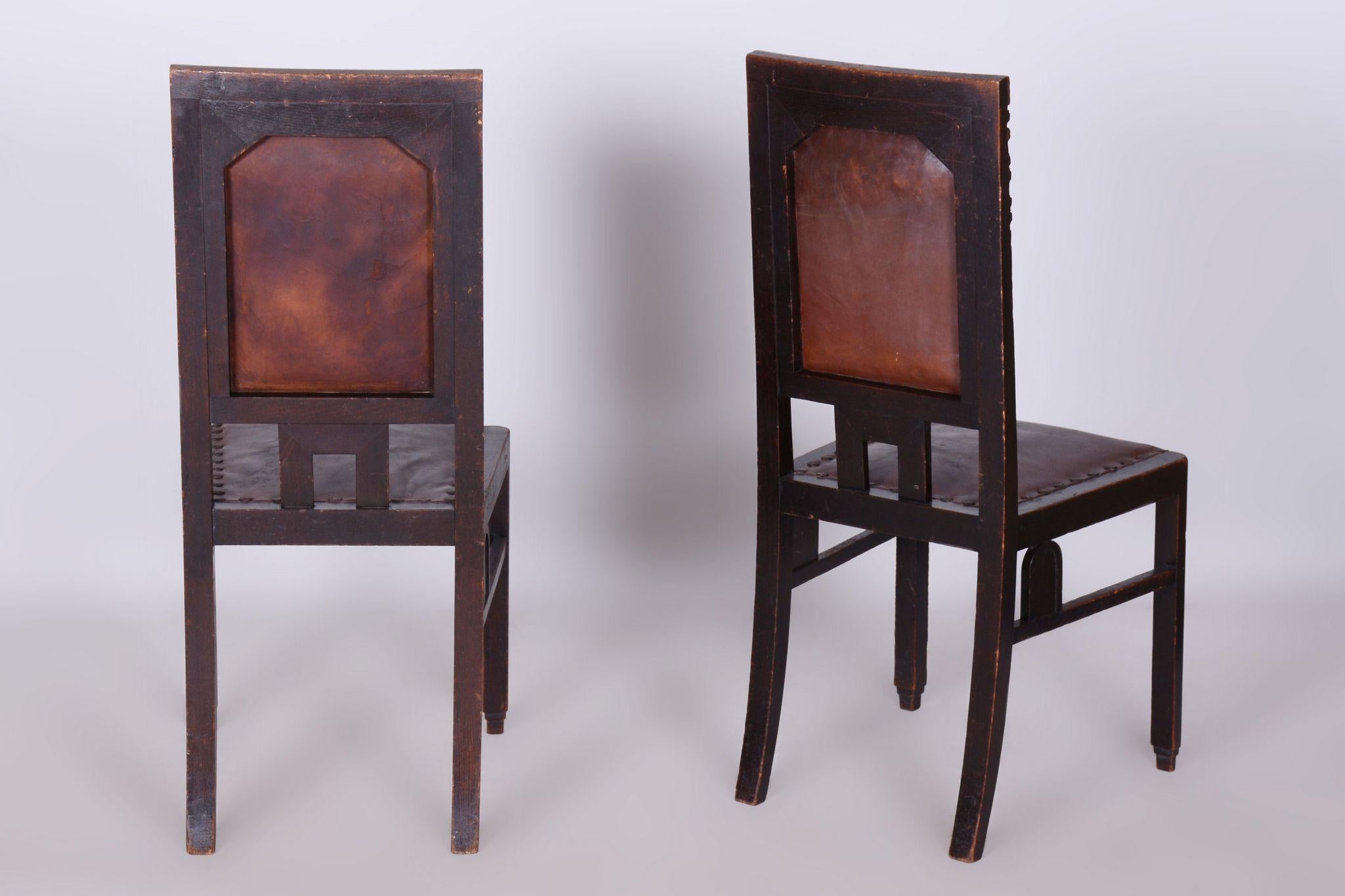 Set of Four Cubist Chairs, by Josef Gočár, Solid Oak, Red Leather, Czech, 1910s For Sale 5
