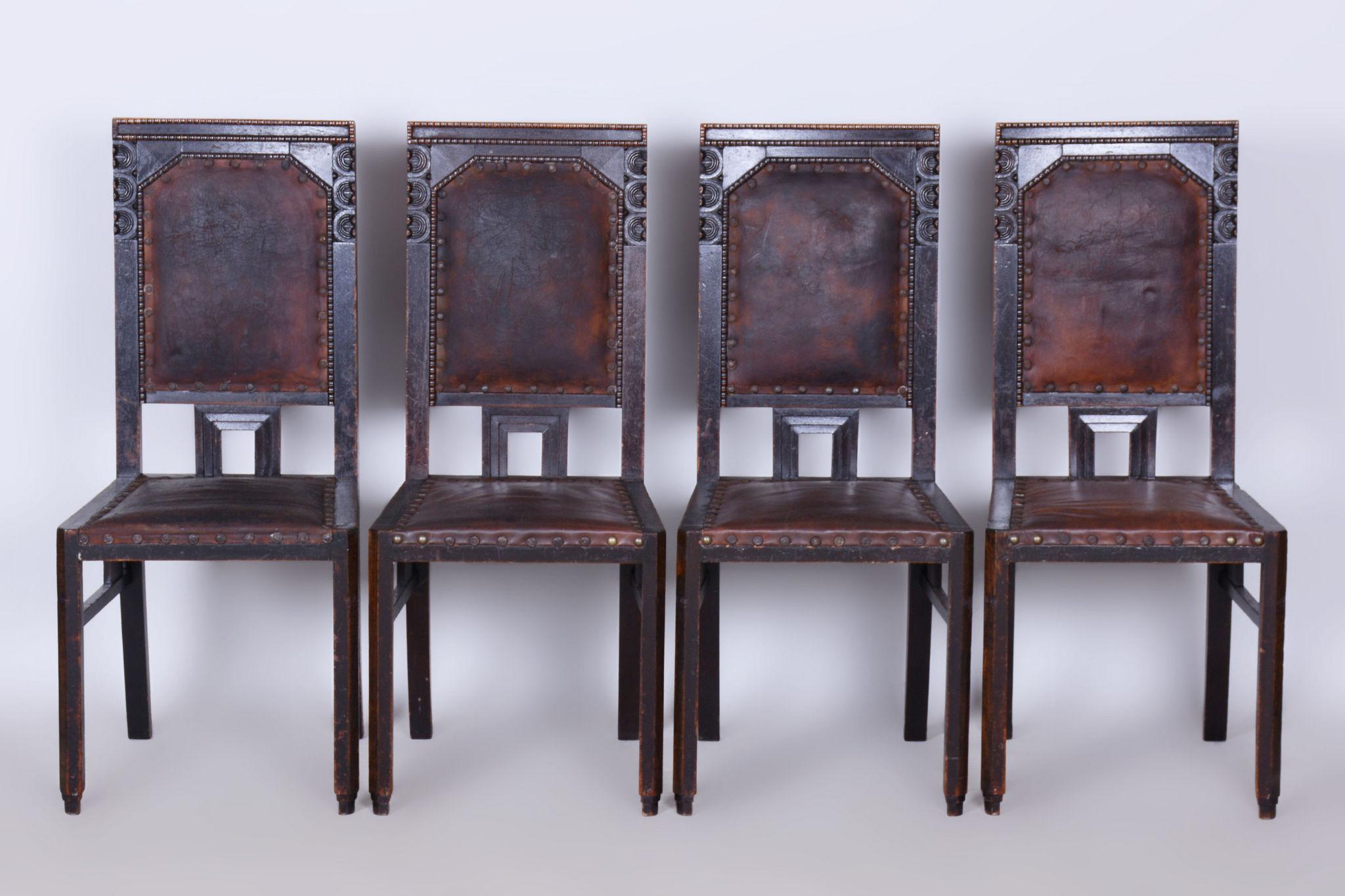 This set was designed by famous czech designer Josef Gočár as part of the interior of a family home in Hradec Králové (Czechoslovakia).

The upholstery is firm and not worn, but the condition and patina of the leather corresponds to age and use.

In