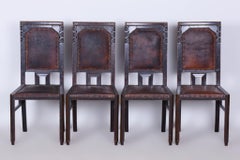 Set of Four Cubist Chairs, by Josef Gočár, Solid Oak, Red Leather, Czech, 1910s