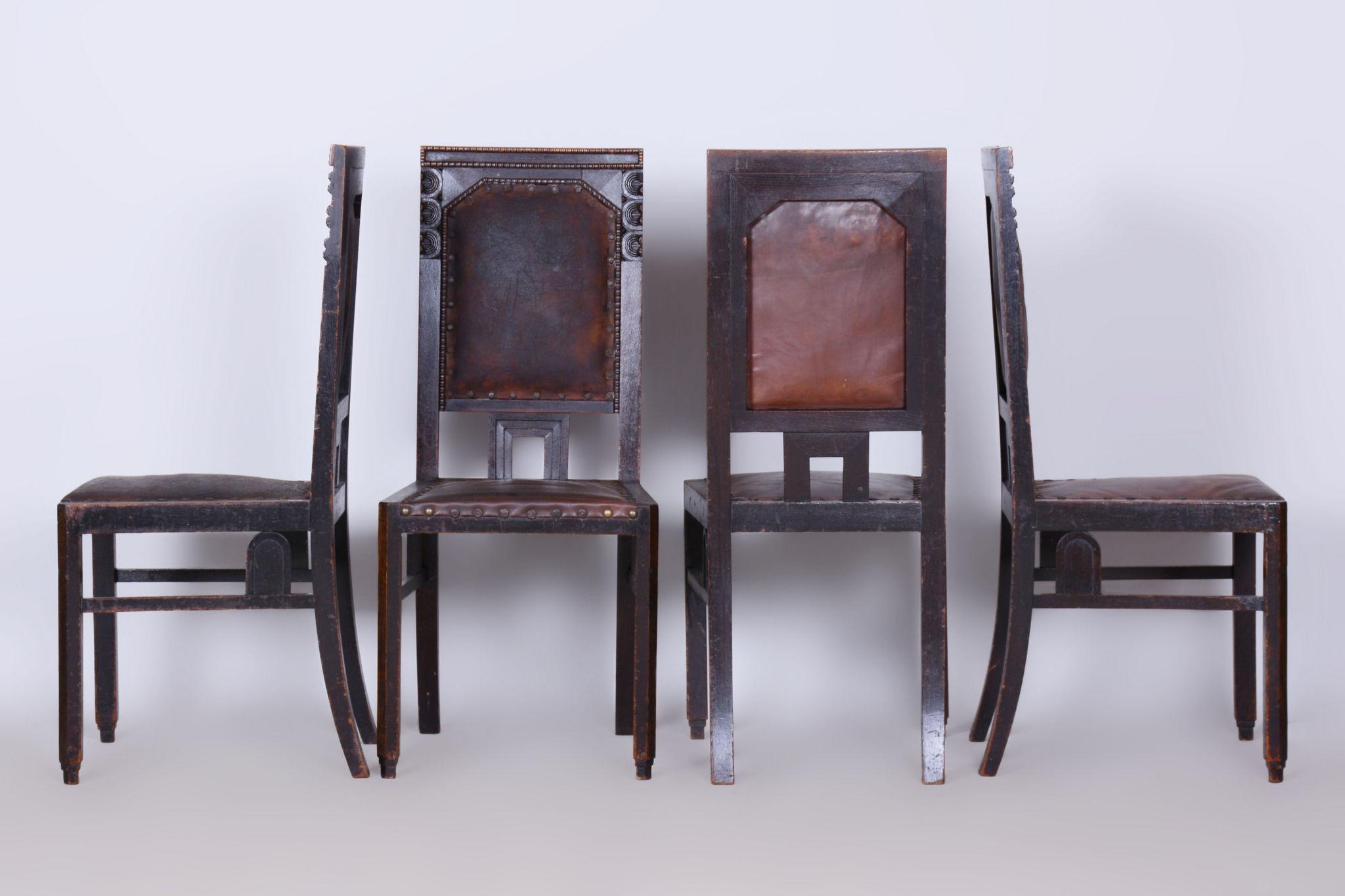Art Deco Set of Four Cubist Chairs, by Josef Gočár, Solid Oak, Red Leather, Czech, 1910s For Sale