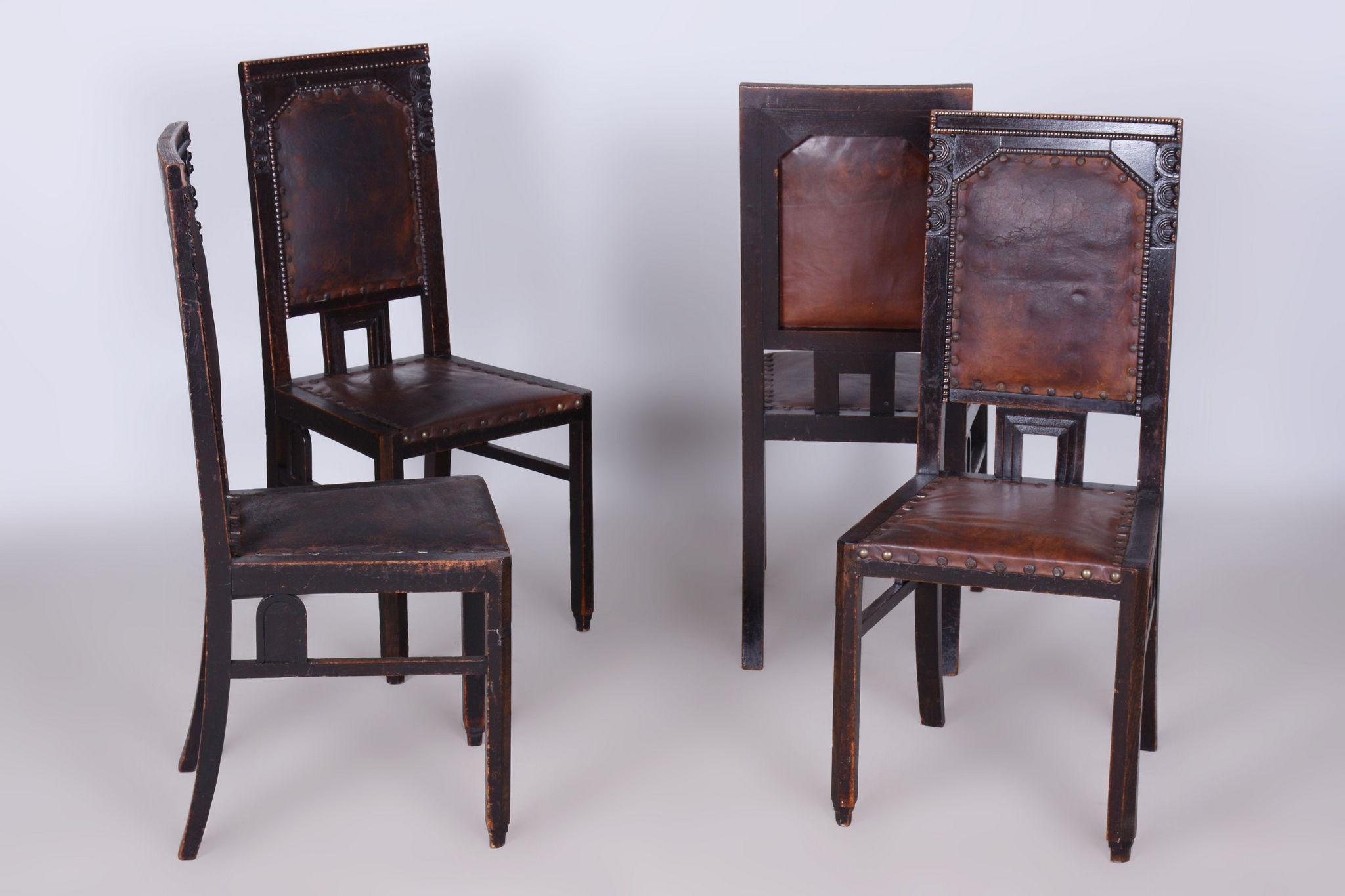 Set of Four Cubist Chairs, by Josef Gočár, Solid Oak, Red Leather, Czech, 1910s In Good Condition For Sale In Horomerice, CZ