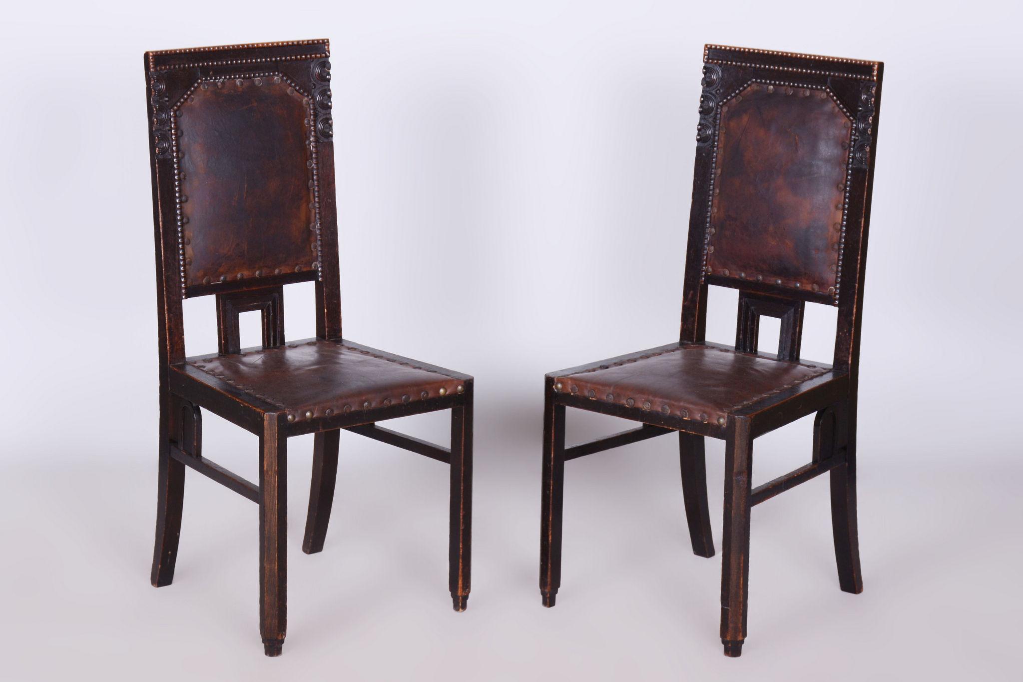 20th Century Set of Four Cubist Chairs, by Josef Gočár, Solid Oak, Red Leather, Czech, 1910s For Sale