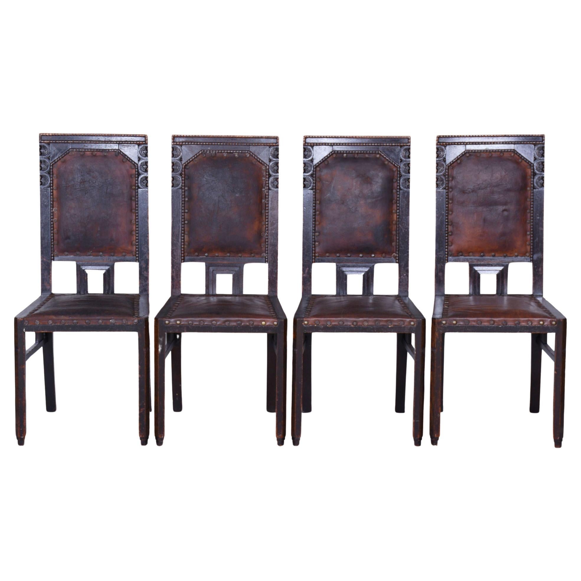 Set of Four Cubist Chairs, by Josef Gočár, Solid Oak, Red Leather, Czech, 1910s For Sale