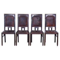 Antique Set of Four Cubist Chairs, by Josef Gočár, Solid Oak, Red Leather, Czech, 1910s