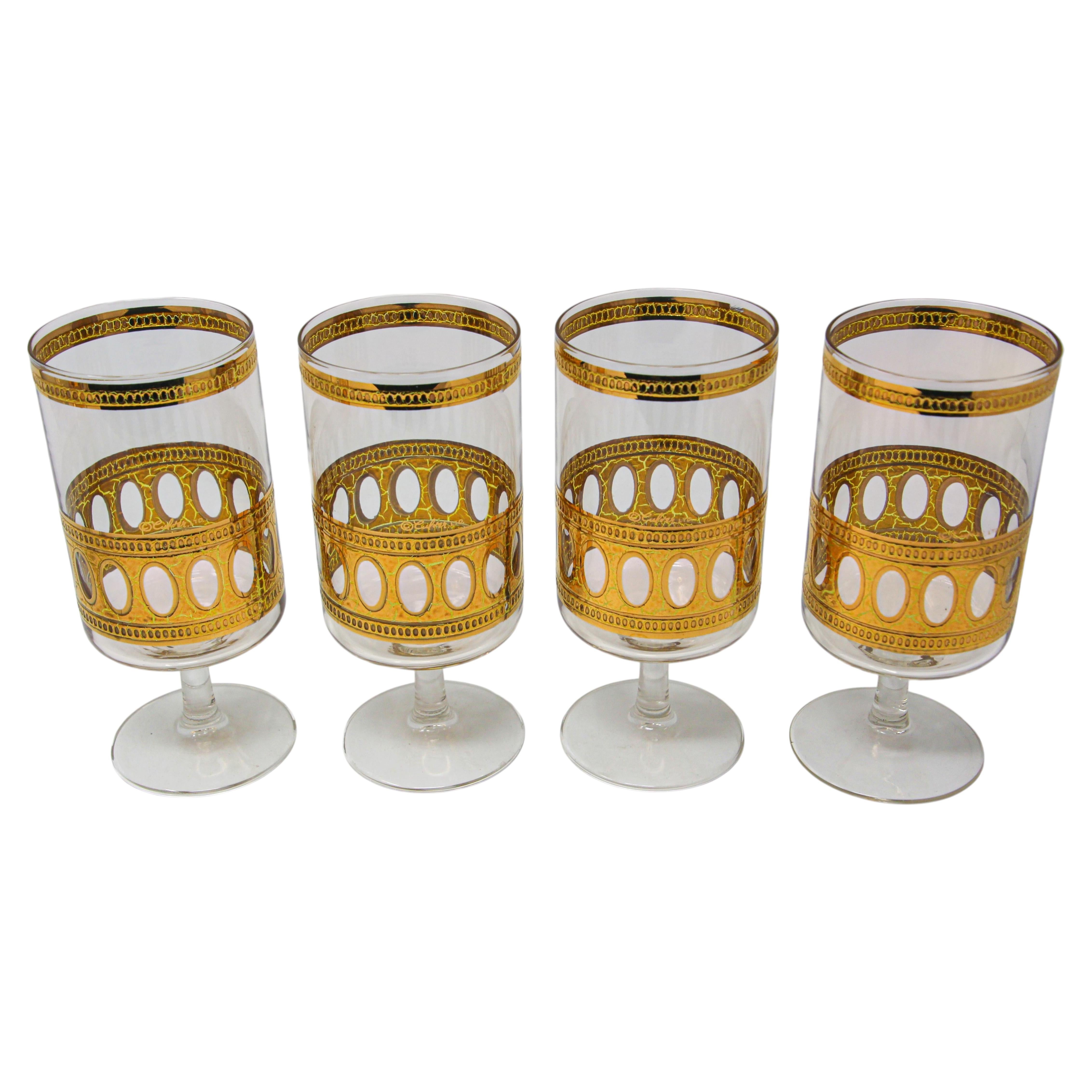 Set of 4 Vintage Culver Ltd Cocktail Glasses with 22-Karat Gold Antigua Pattern