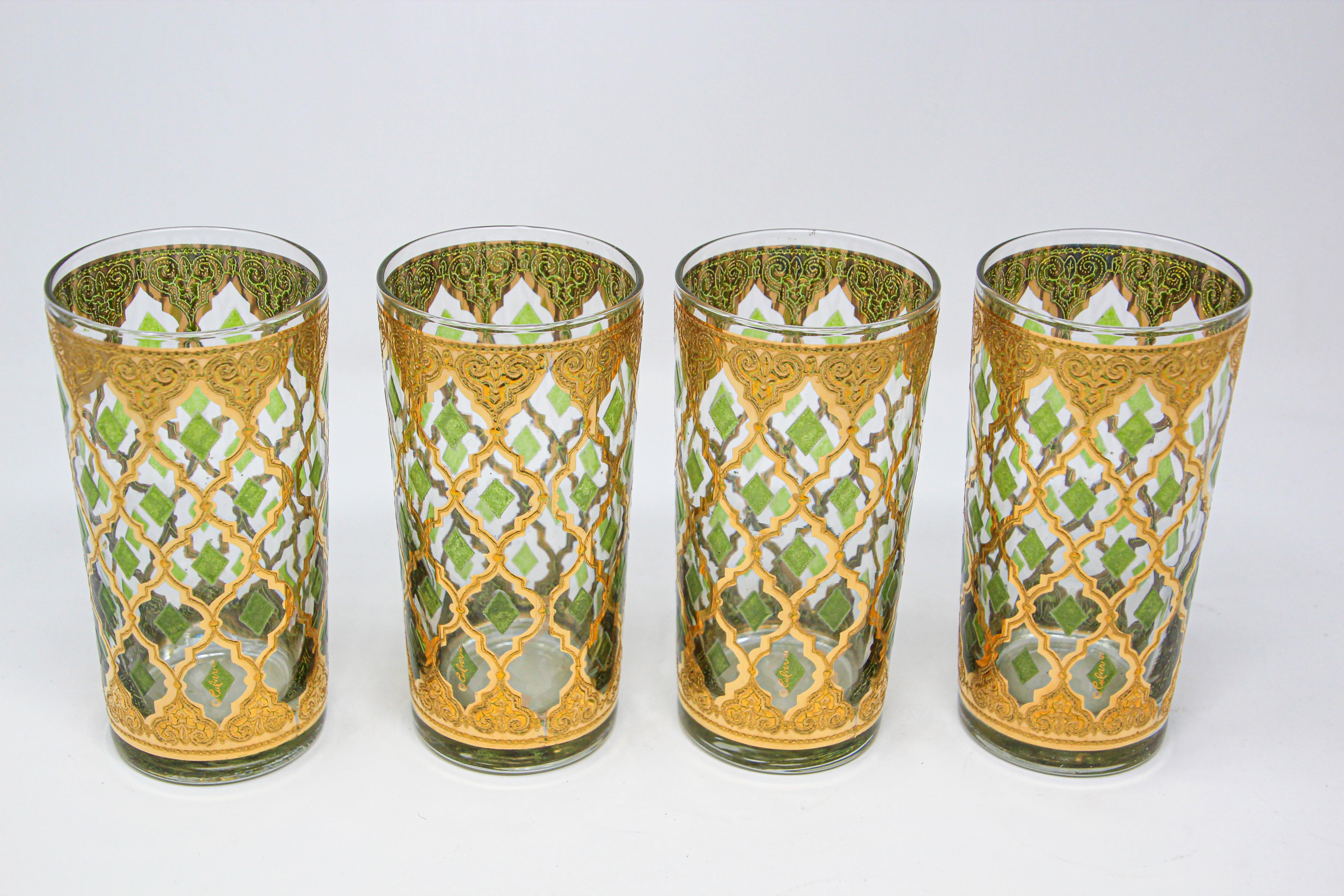 Mid-Century Modern Set of Four Vintage Culver Highball Glasses with 22-Karat Gold Valencia Design
