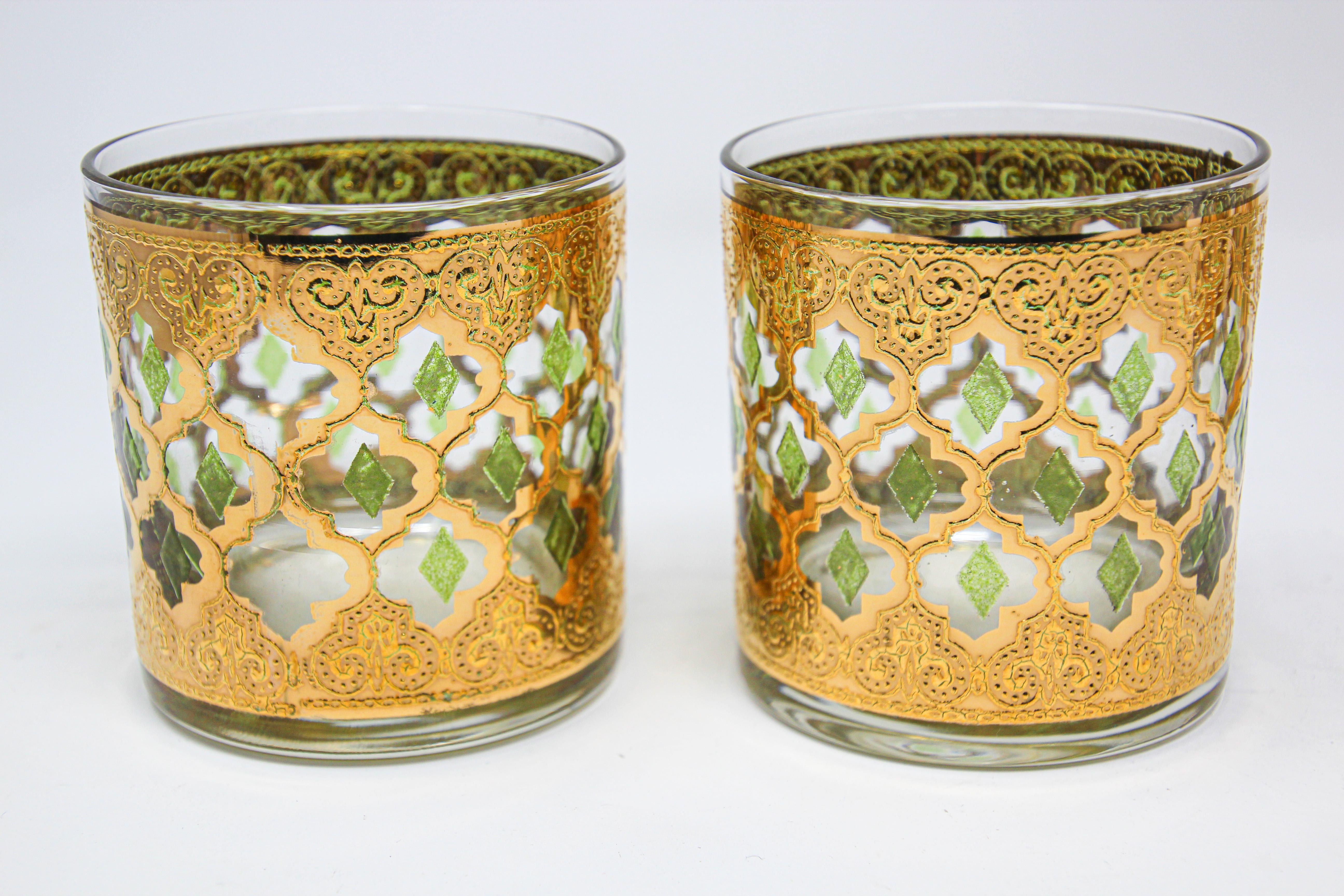 Moorish Set of Four Vintage Culver Lowball Glasses with 22-Karat Gold Valencia Design