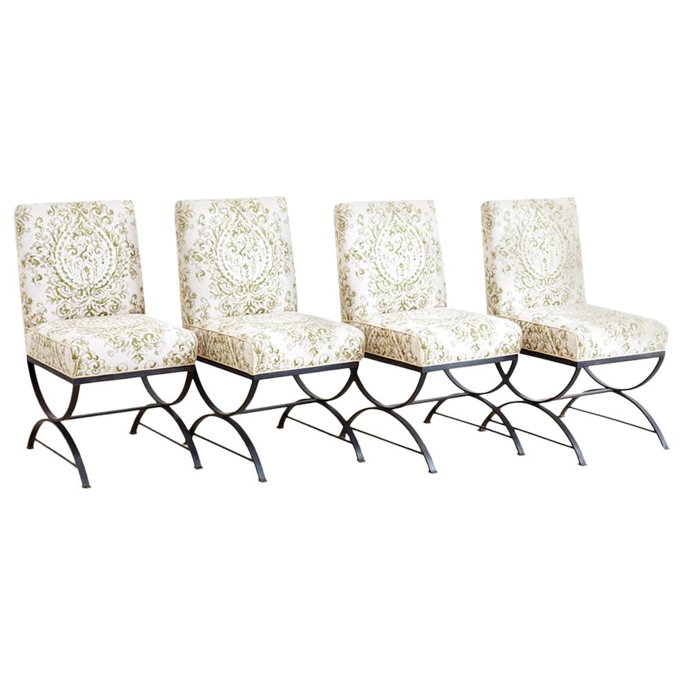 Set of Four Curule Base Wrought Iron Dining Chairs