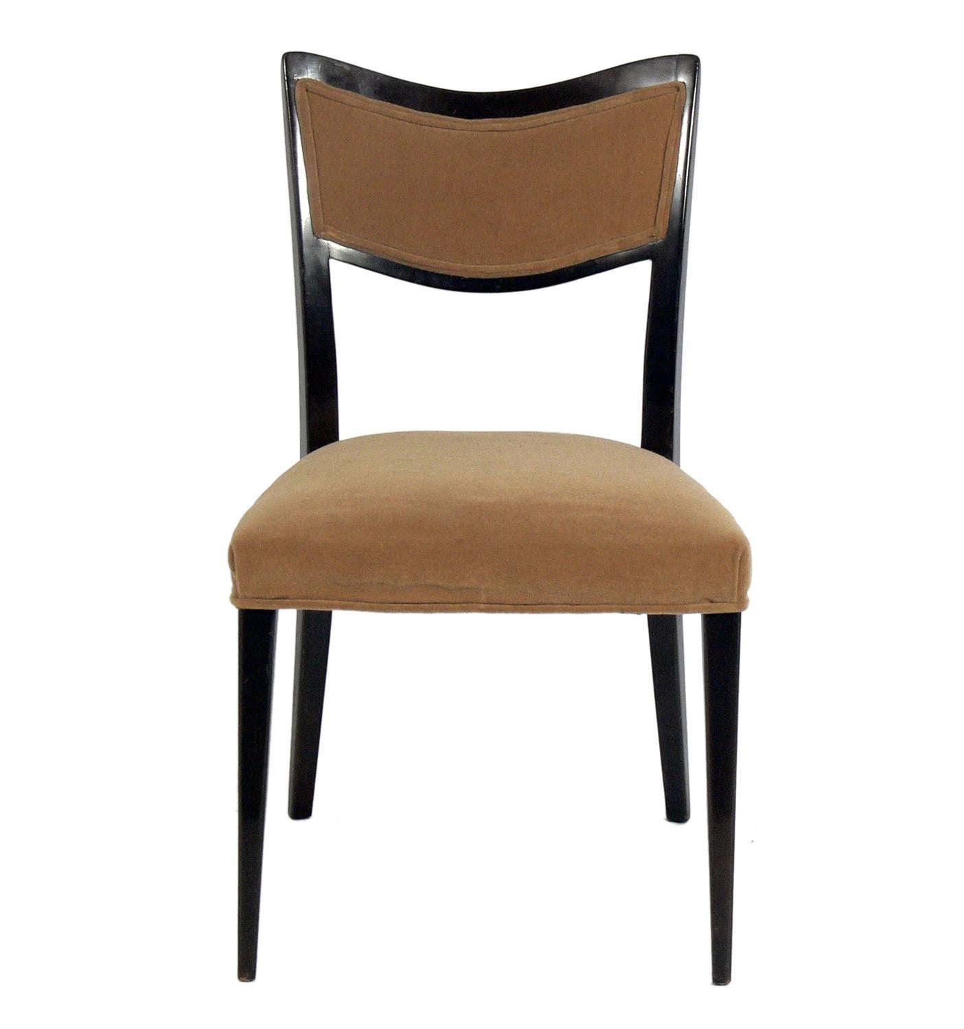 Set of four curvaceous dining chairs, designed by Harvey Probber, American, circa 1960s. This set is currently being refinished and reupholstered, and can be completed in your choice of finish color and upholstered in your fabric. The price noted