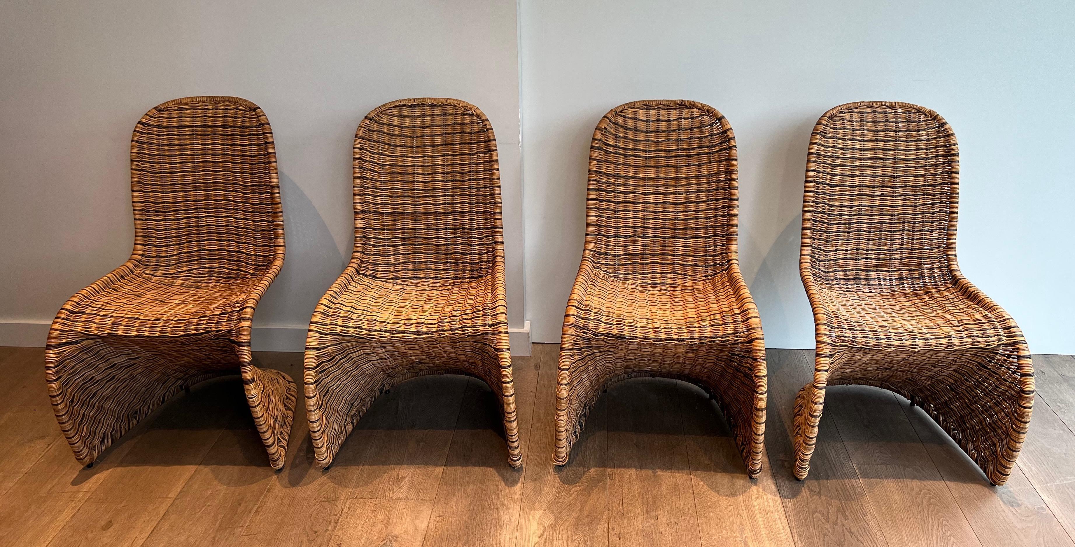 Set of Four Curved Rattan Chairs For Sale 6