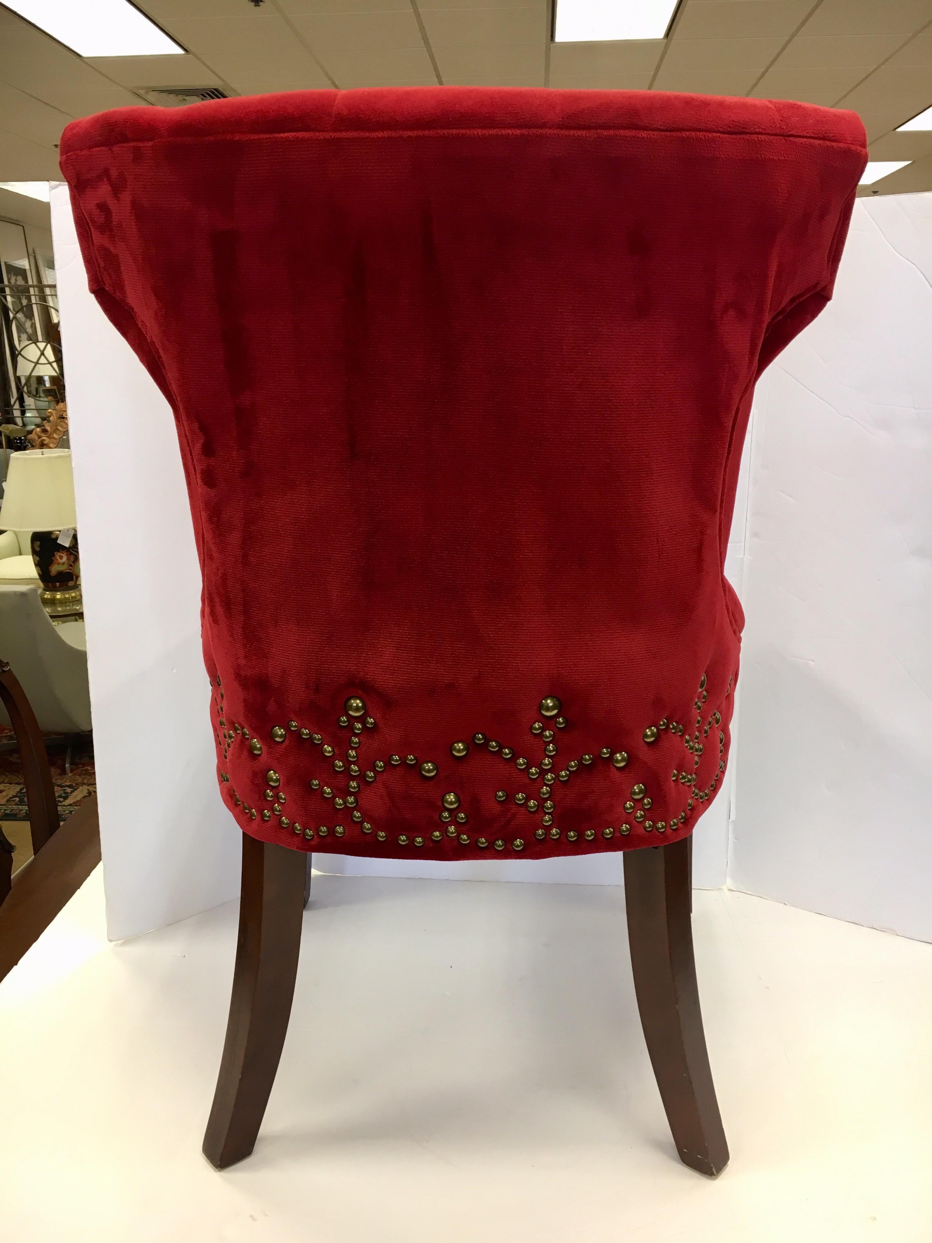 Set of Four Custom Upholstered Nailhead Red Tufted Dining Chairs 5