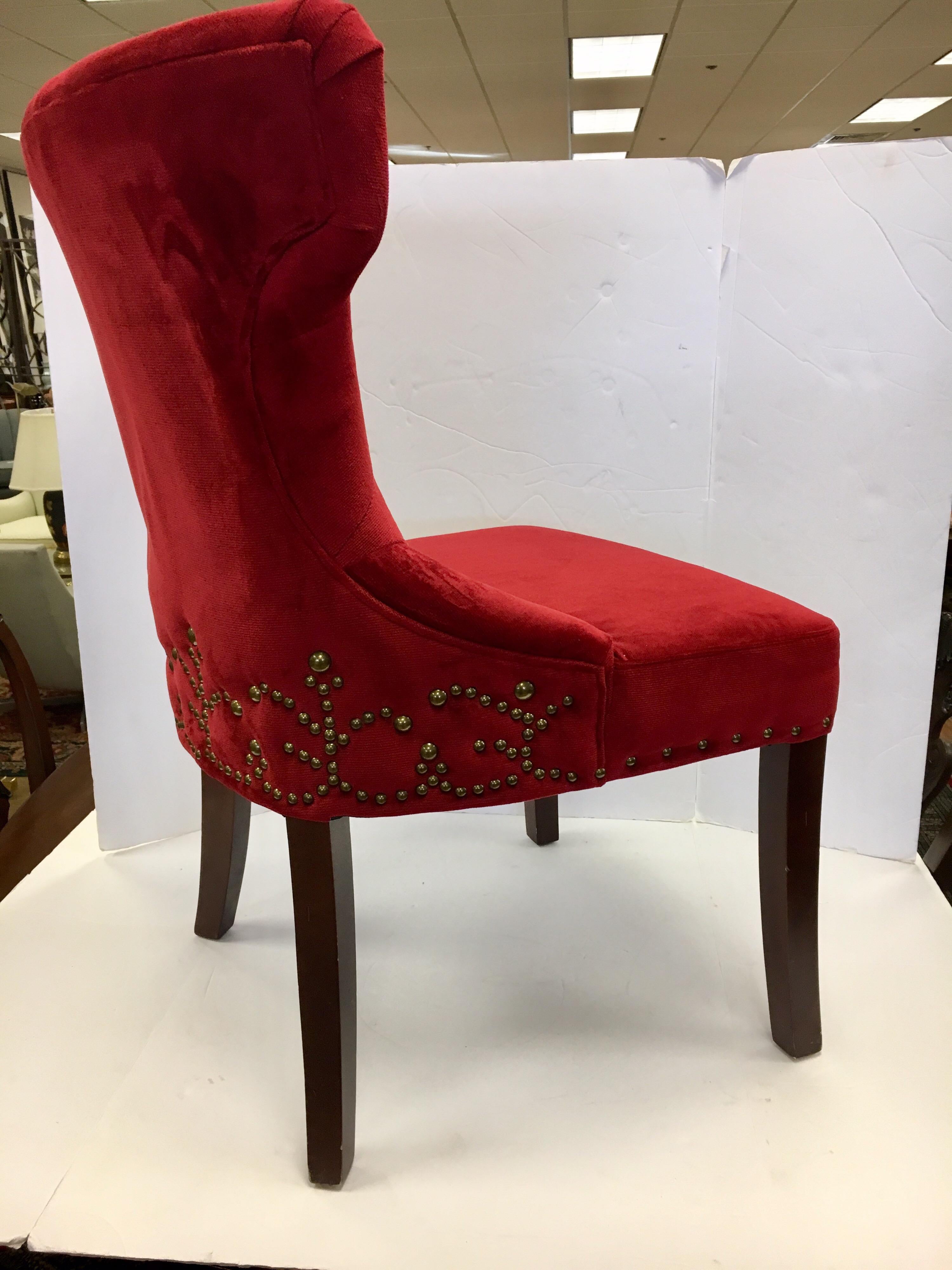 Set of Four Custom Upholstered Nailhead Red Tufted Dining Chairs In Good Condition In West Hartford, CT