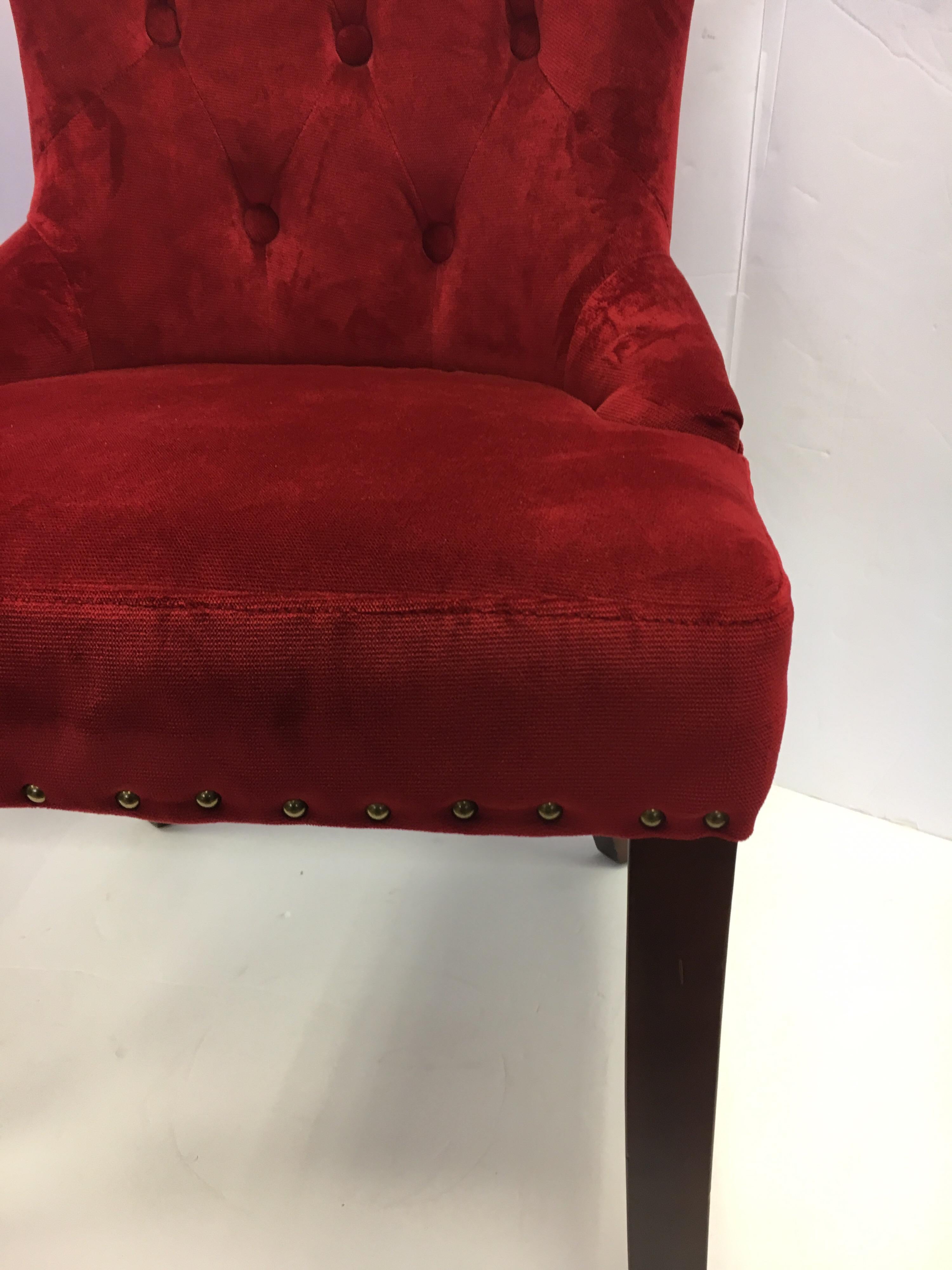 Fabric Set of Four Custom Upholstered Nailhead Red Tufted Dining Chairs