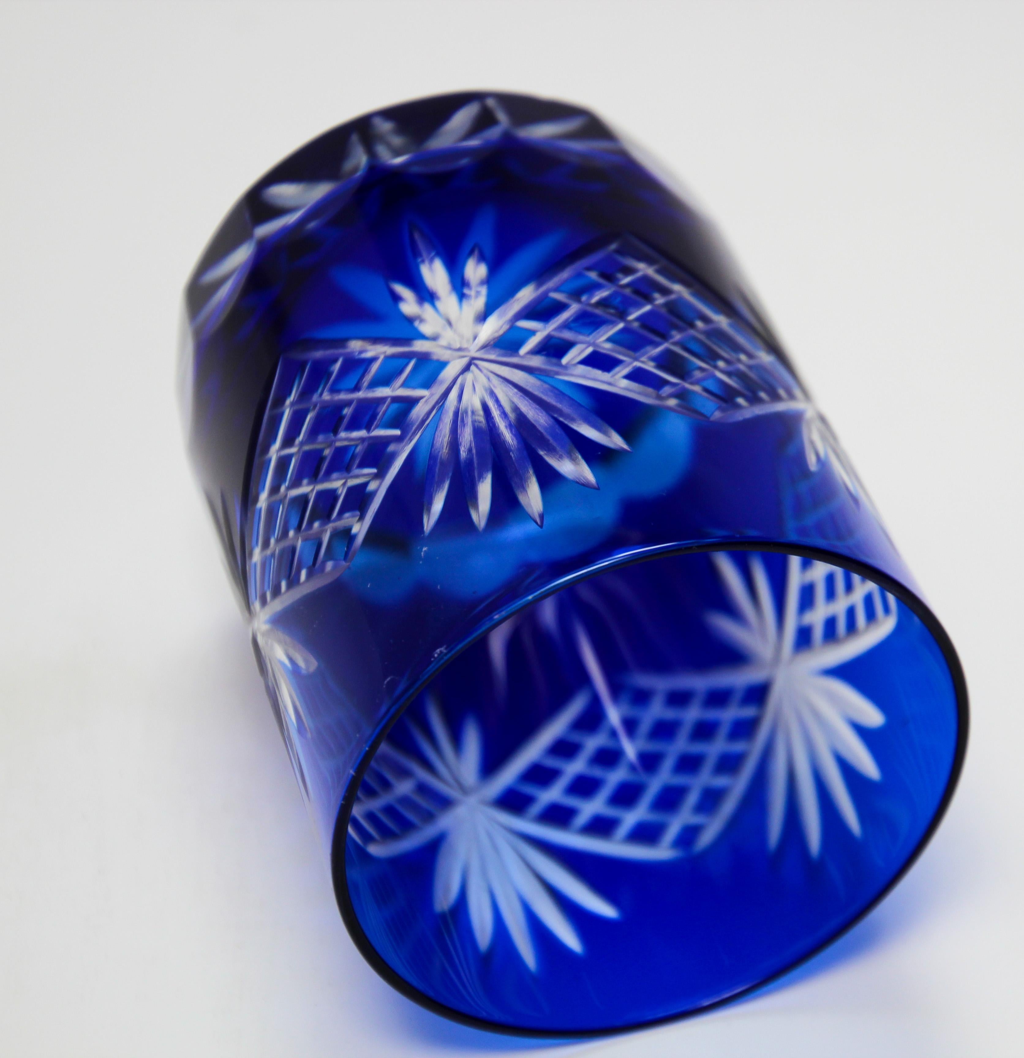 20th Century Set of Four Cut Crystal Whiskey Glass Tumbler Cobalt Blue