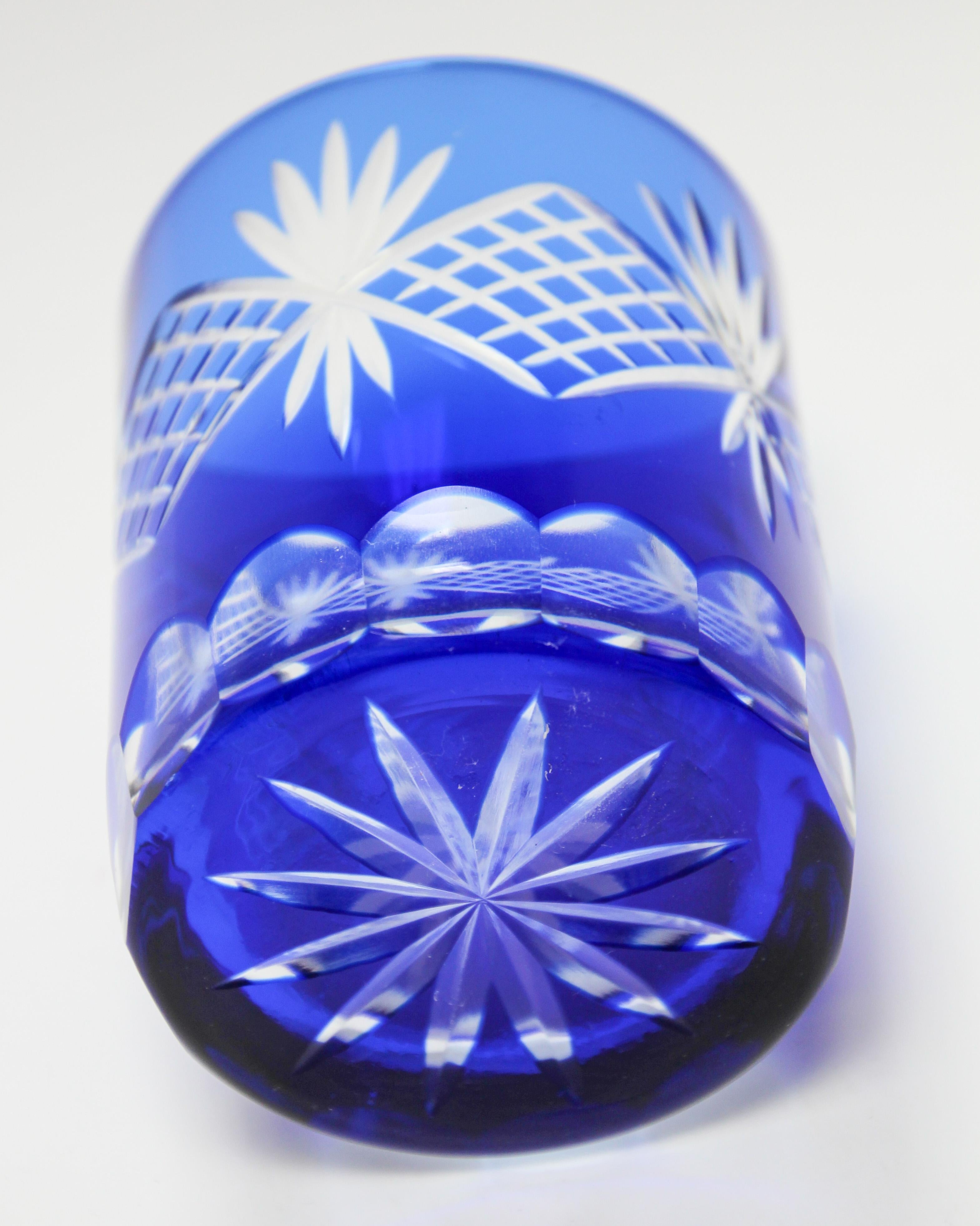Art Nouveau Set of Four Cut Crystal Whiskey Glass Tumbler Cobalt Blue