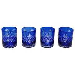 Vintage Set of Four Cut Crystal Whiskey Glass Tumbler Cobalt Blue