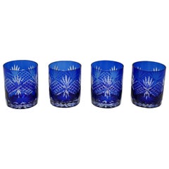 Retro Set of Four Cut Crystal Whiskey Glass Tumbler Cobalt Blue