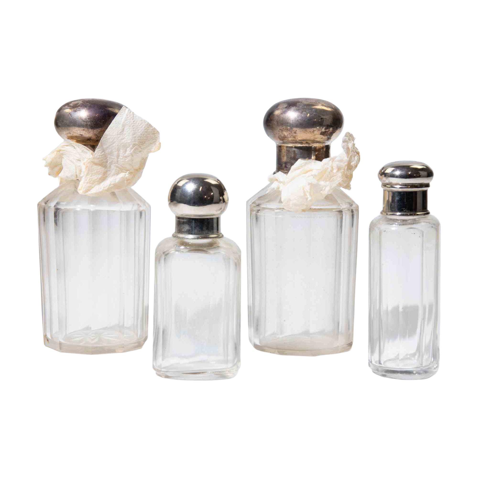 Set of Four Cut Glass Vanity Bottles with Silverplate Stoppers, 1970s
