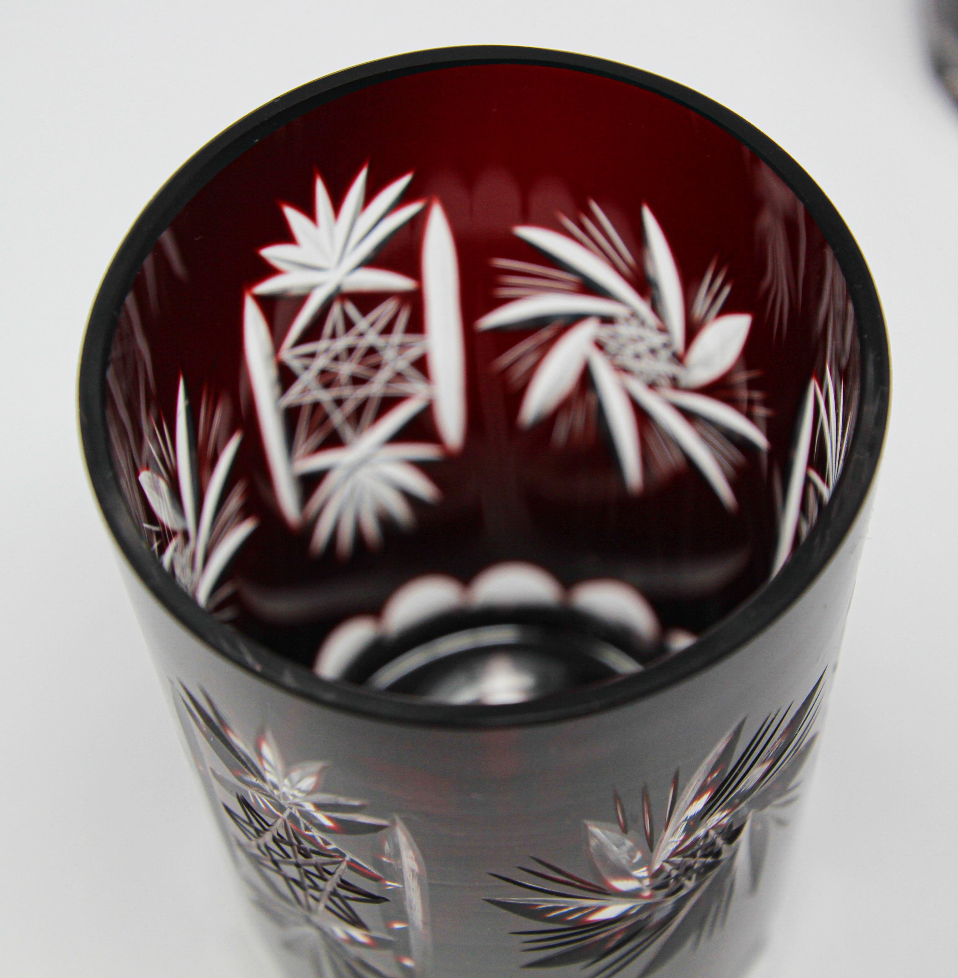 Art Nouveau Set of Four Cut Ruby Crystal Whiskey Glass Tumbler Ruby Red