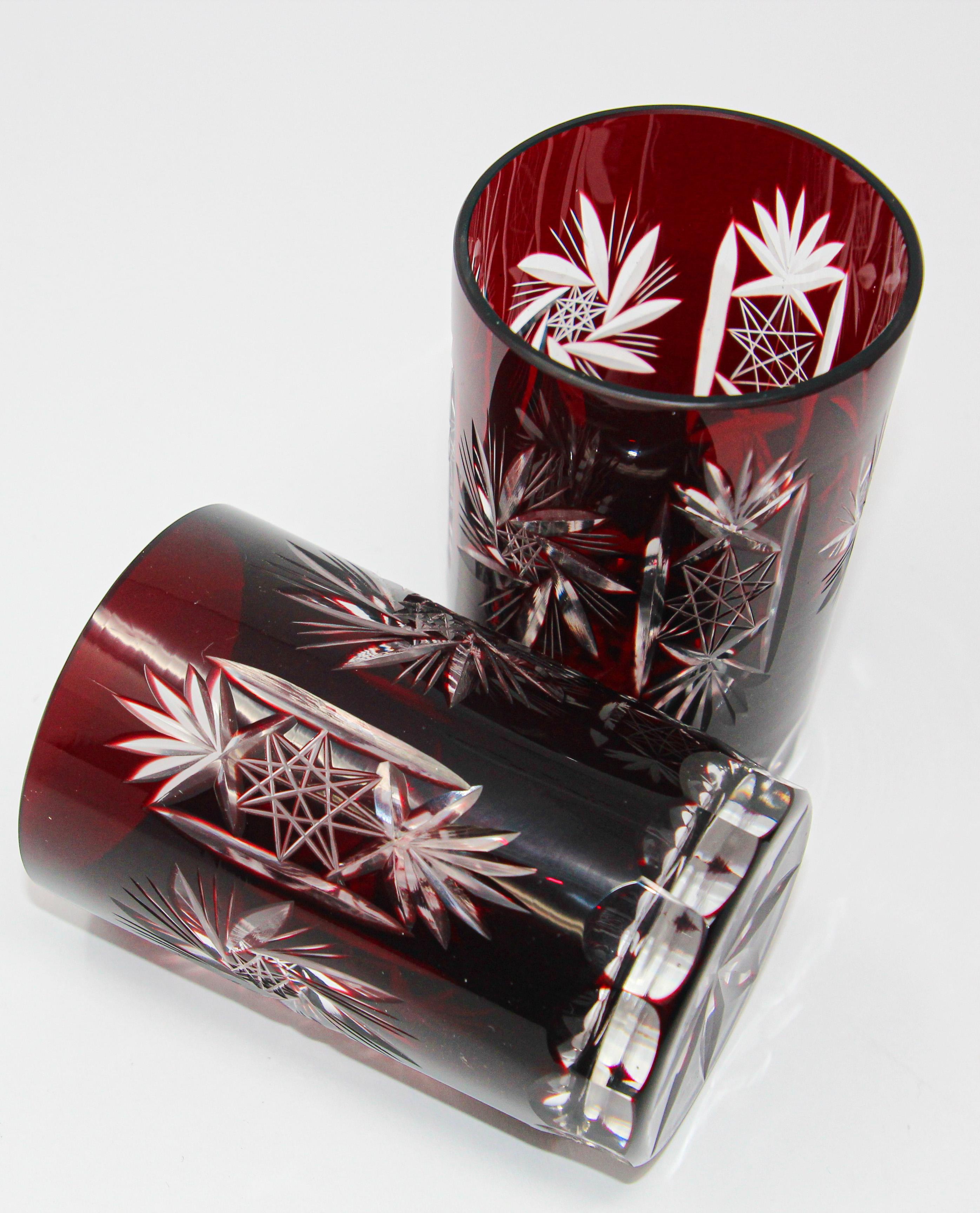Hand-Crafted Set of Four Cut Ruby Crystal Whiskey Glass Tumbler Ruby Red